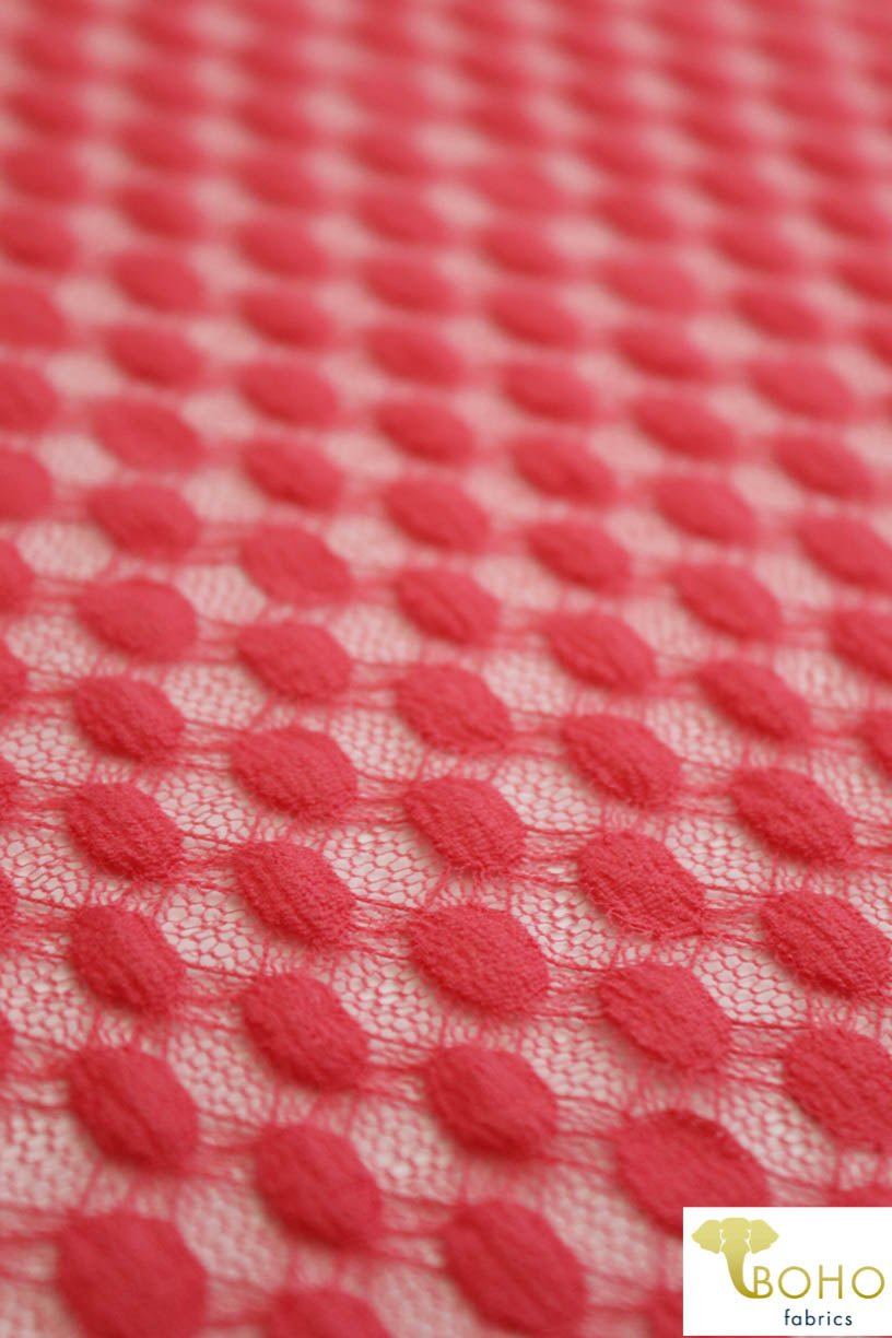 Polka Dot in Coral. Stretch Lace. SL-107-CRL - Boho Fabrics