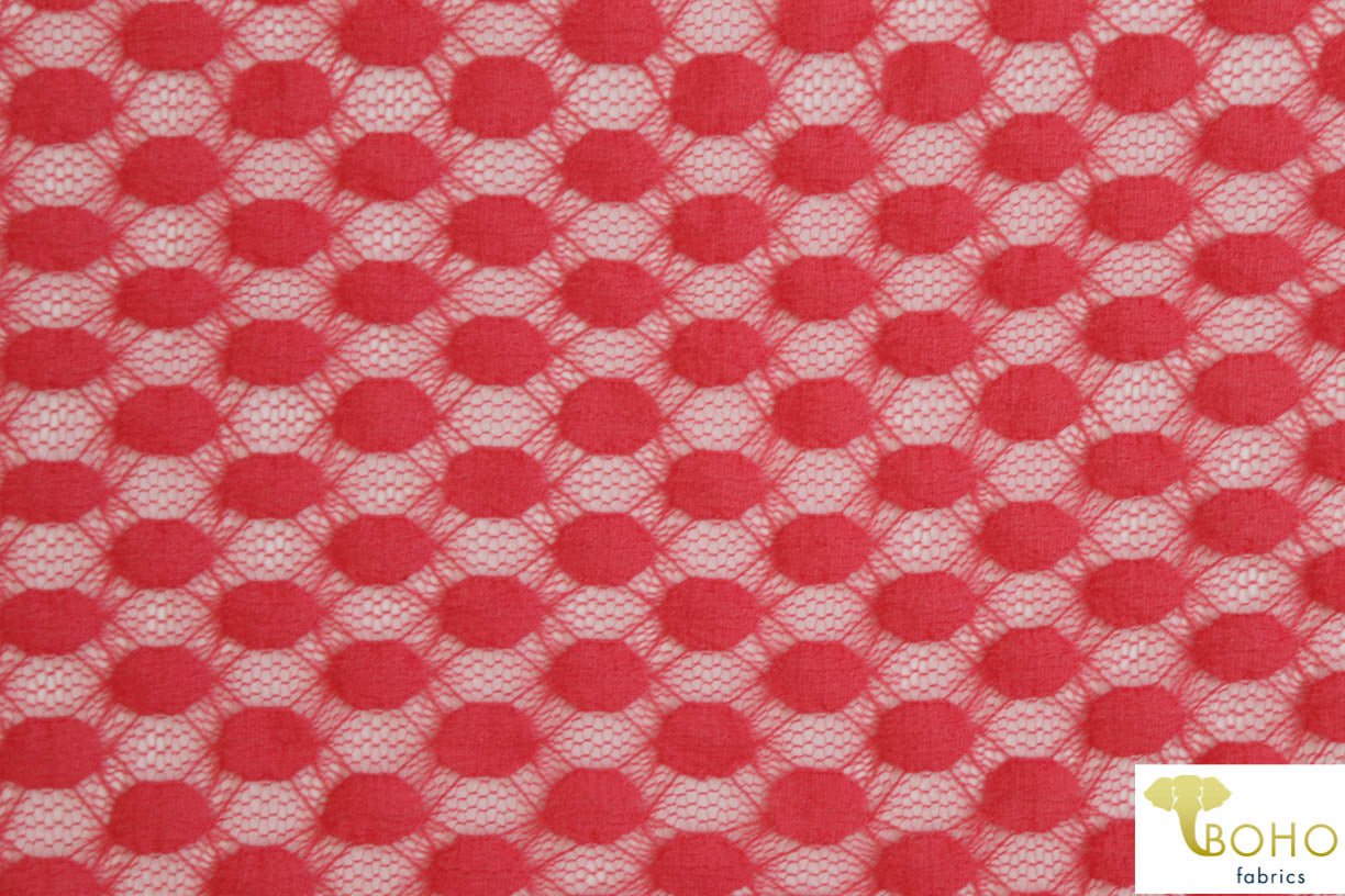 Polka Dot in Coral. Stretch Lace. SL-107-CRL - Boho Fabrics