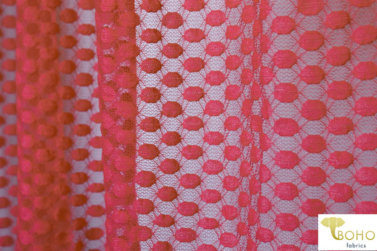Polka Dot in Coral. Stretch Lace. SL-107-CRL - Boho Fabrics