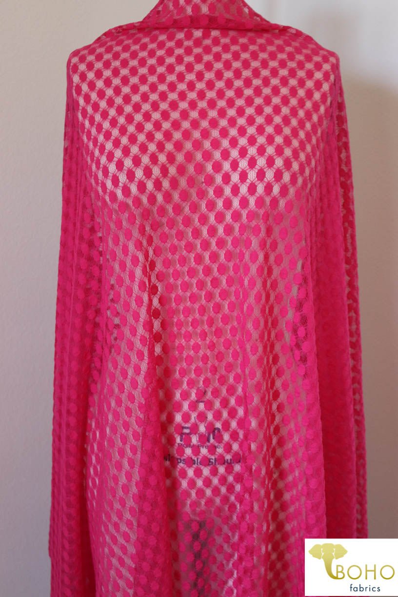Polka Dot in Hot Pink. Stretch Lace. SL-107-PNK - Boho Fabrics