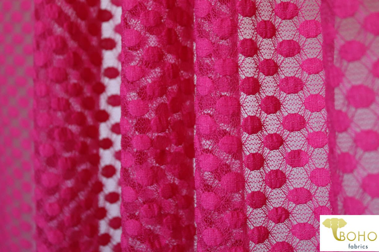 Polka Dot in Hot Pink. Stretch Lace. SL-107-PNK - Boho Fabrics