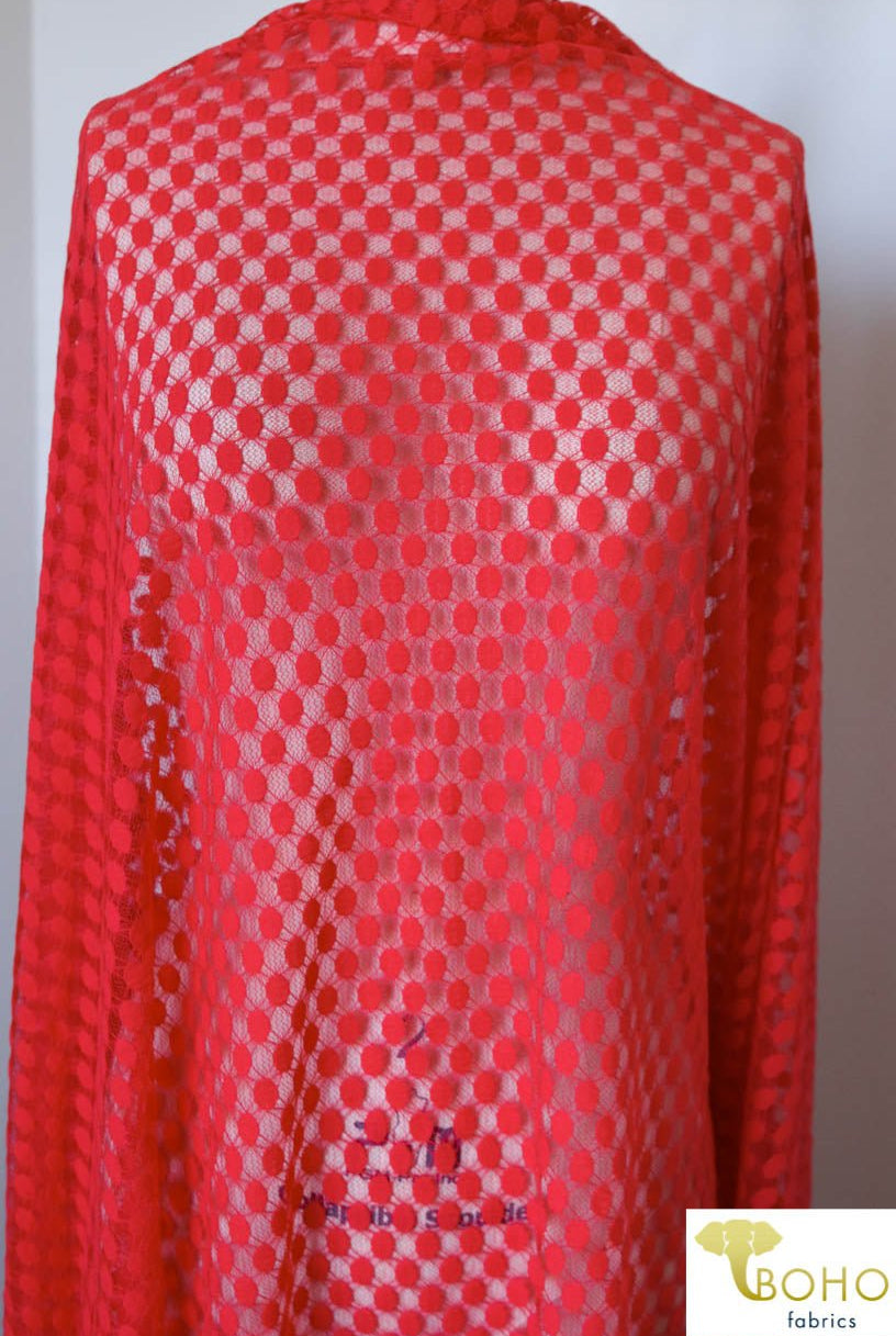 Polka Dot in Red. Stretch Lace. SL-107-RED - Boho Fabrics