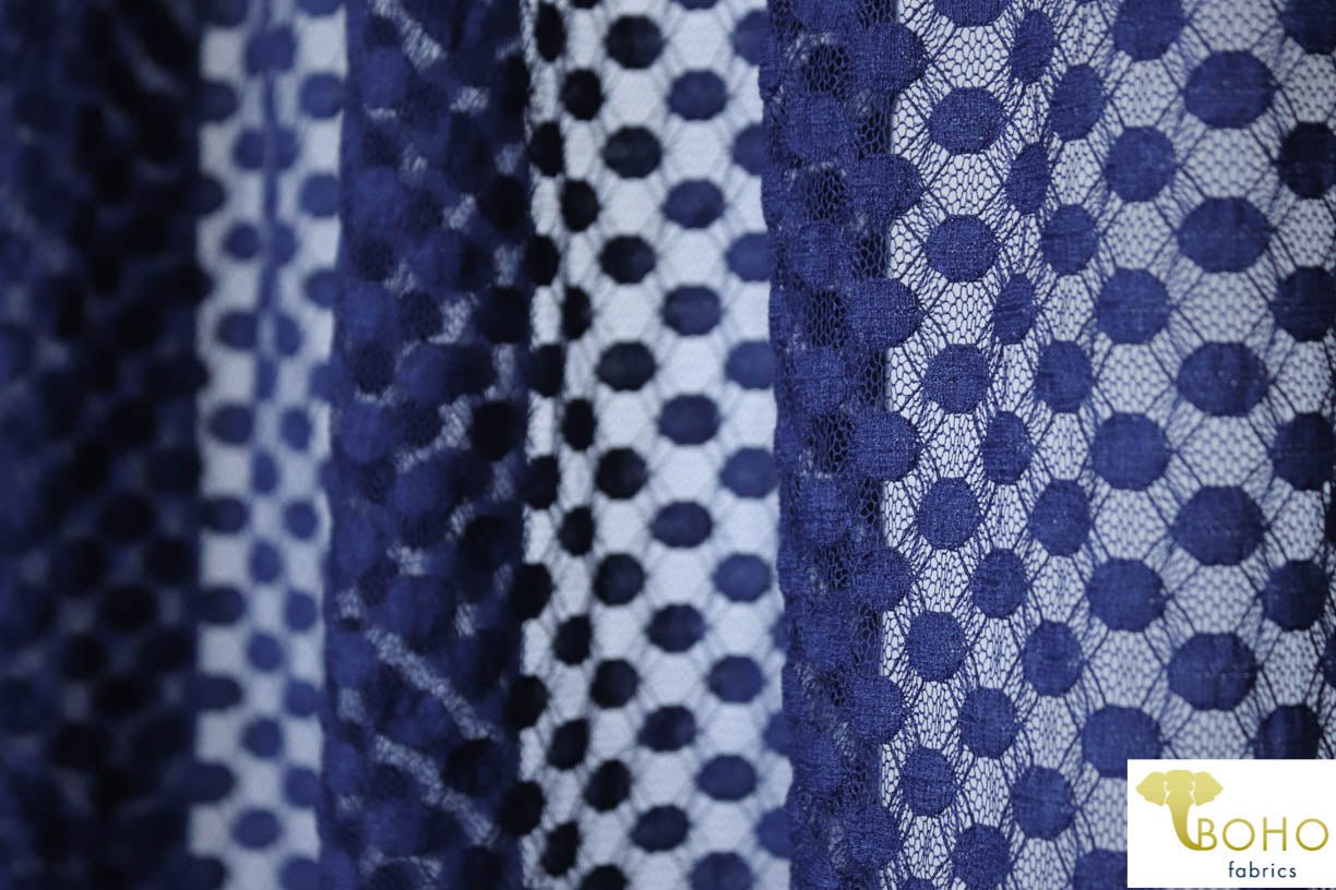 Polka Dot in Royal Blue Navy. Stretch Lace. SL-107-BLU. - Boho Fabrics