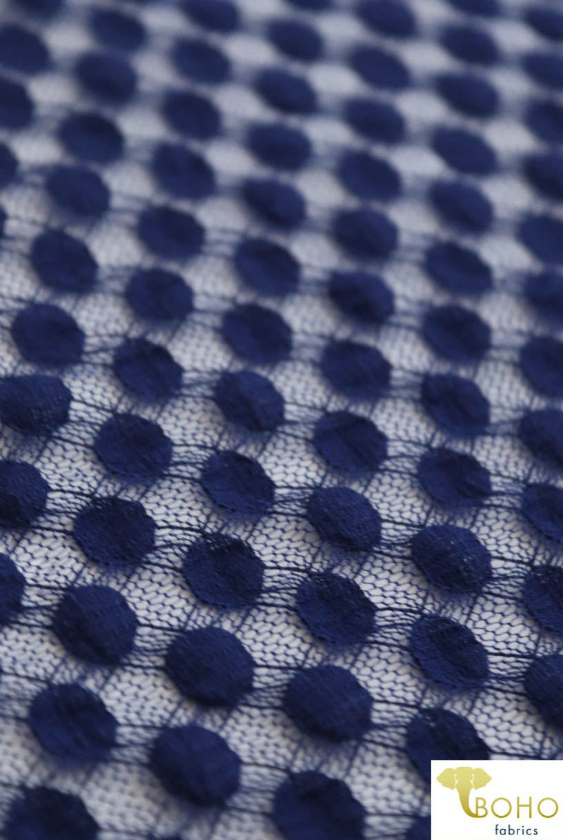 Polka Dot in Royal Blue Navy. Stretch Lace. SL-107-BLU. - Boho Fabrics