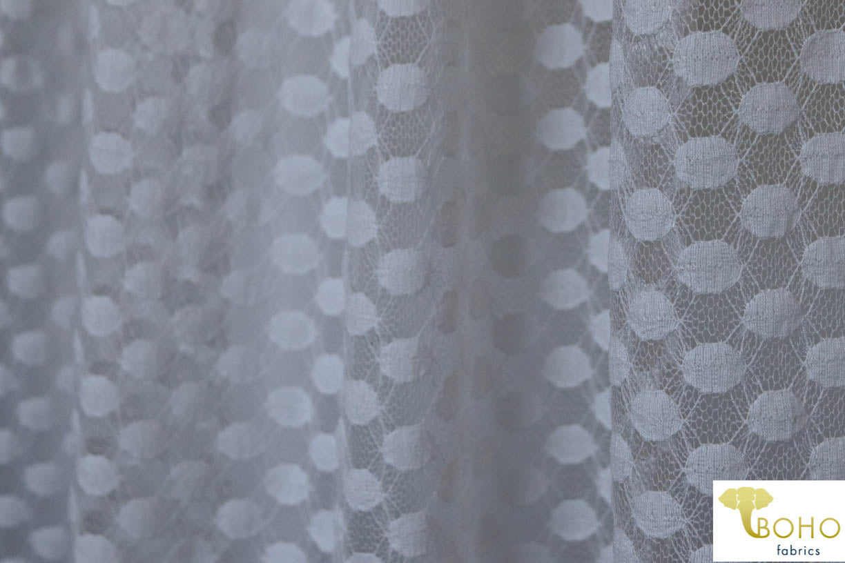 Polka Dot in White. Stretch Lace. SL-107-WHT. - Boho Fabrics