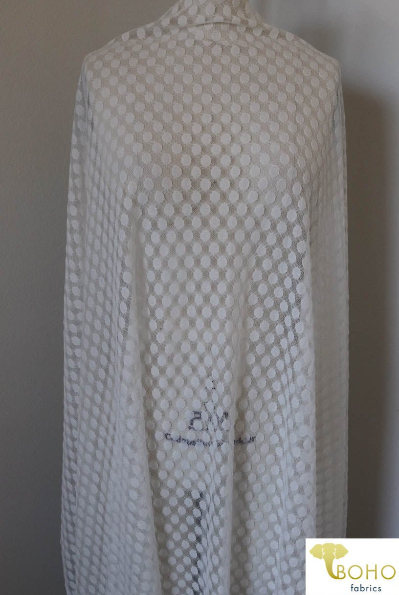 Polka Dot in White. Stretch Lace. SL-107-WHT. - Boho Fabrics