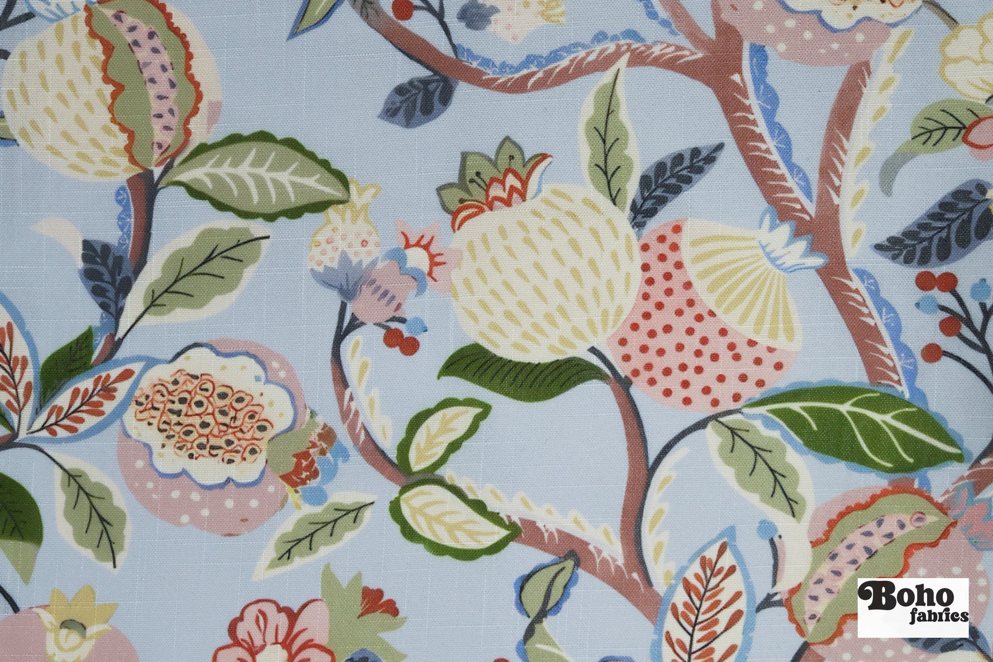 Pomegranate Botanical Floral Linen-Look Woven Fabric - Boho Fabrics - Home Dec. & Upholstery Fabric
