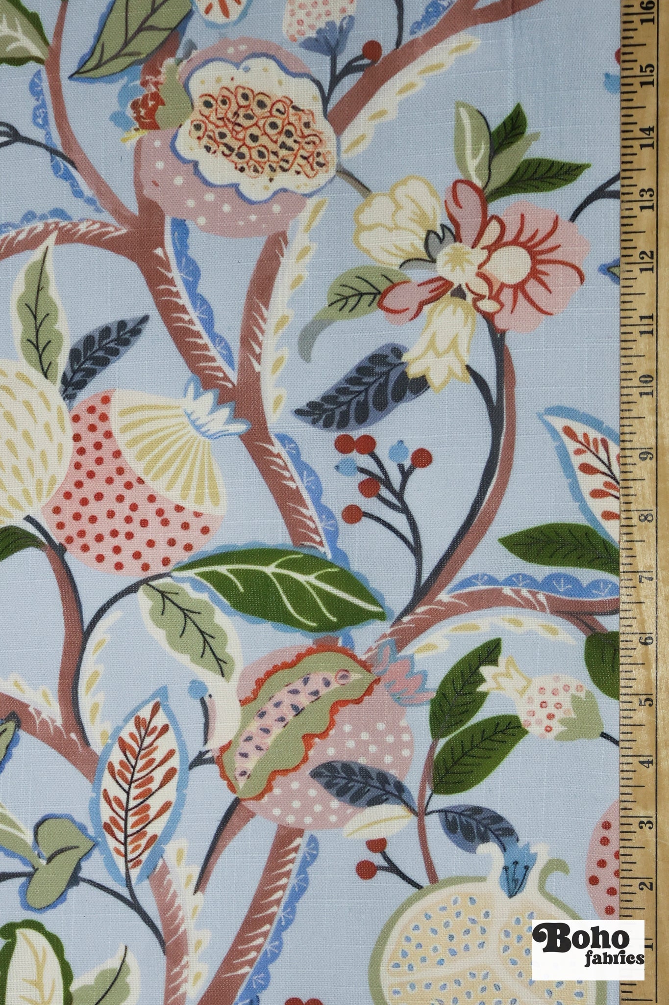 Pomegranate Botanical Floral Linen-Look Woven Fabric - Boho Fabrics - Home Dec. & Upholstery Fabric
