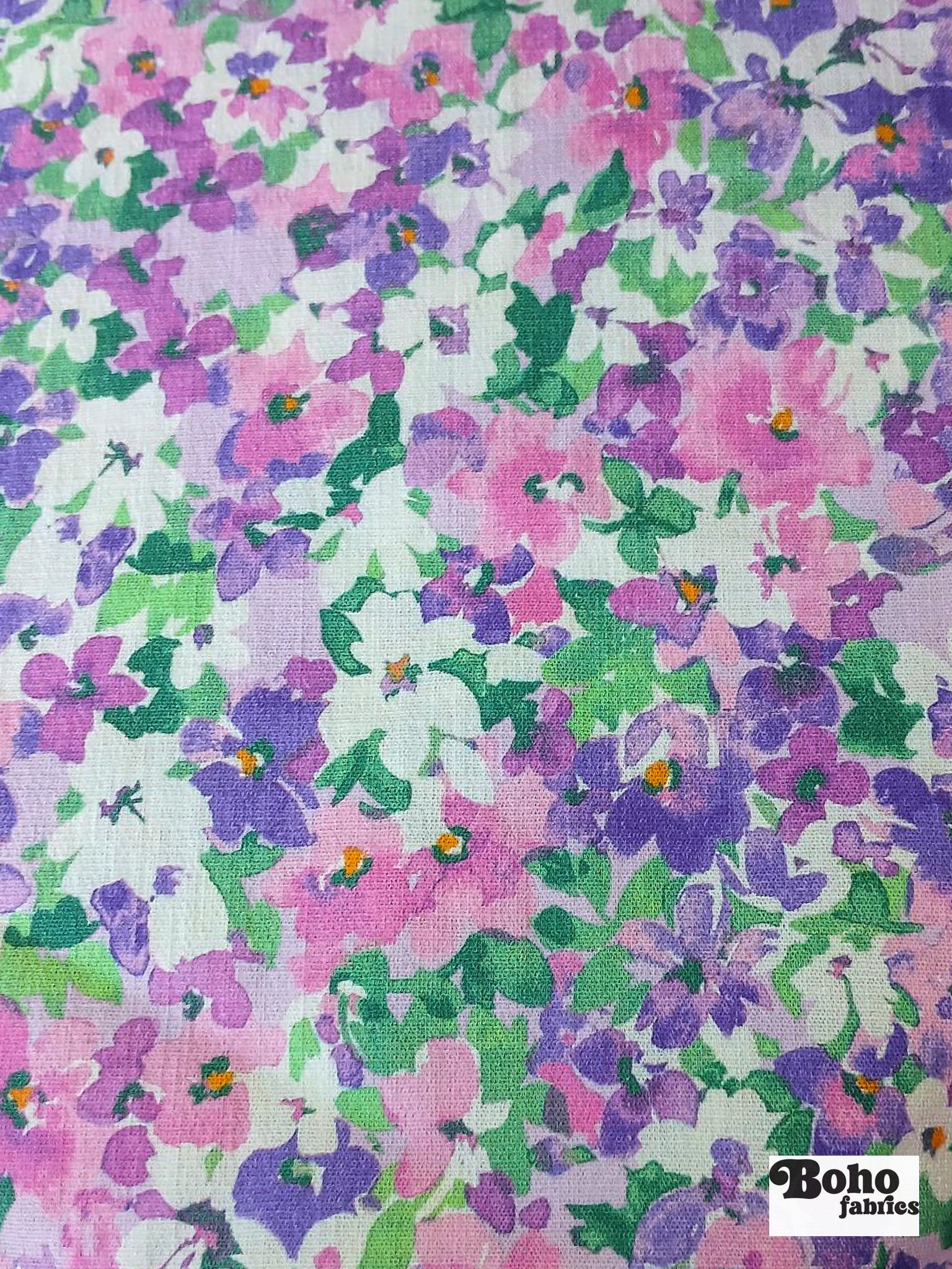 [PRE-ORDER] Hillside Posies in Lilac. Rayon Slub Stretch Woven Fabric - Linen Look - Boho Fabrics - Stretch Woven Fabric