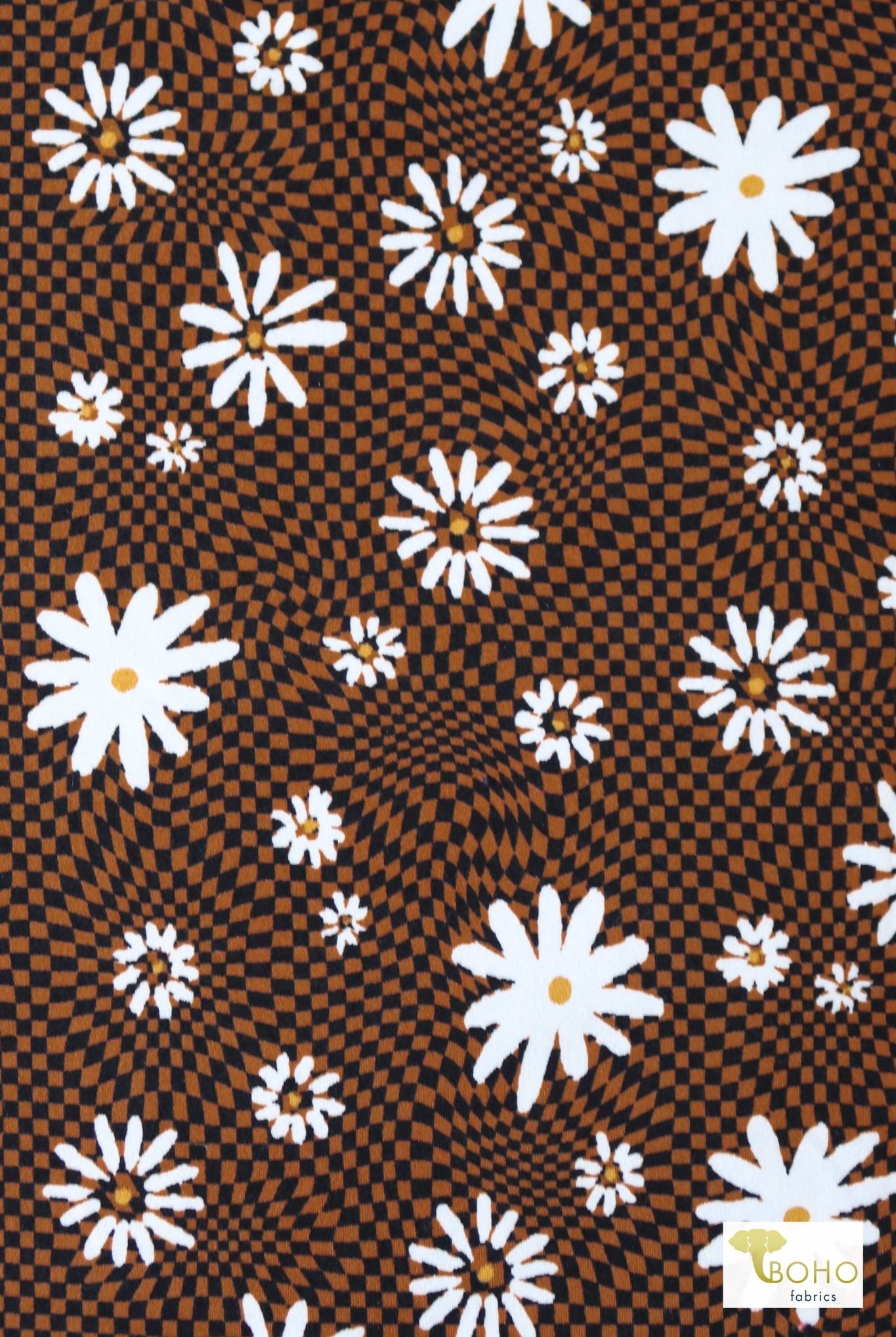 Psychedelic Florals on Copper, Brushed Poly Print. - Boho Fabrics