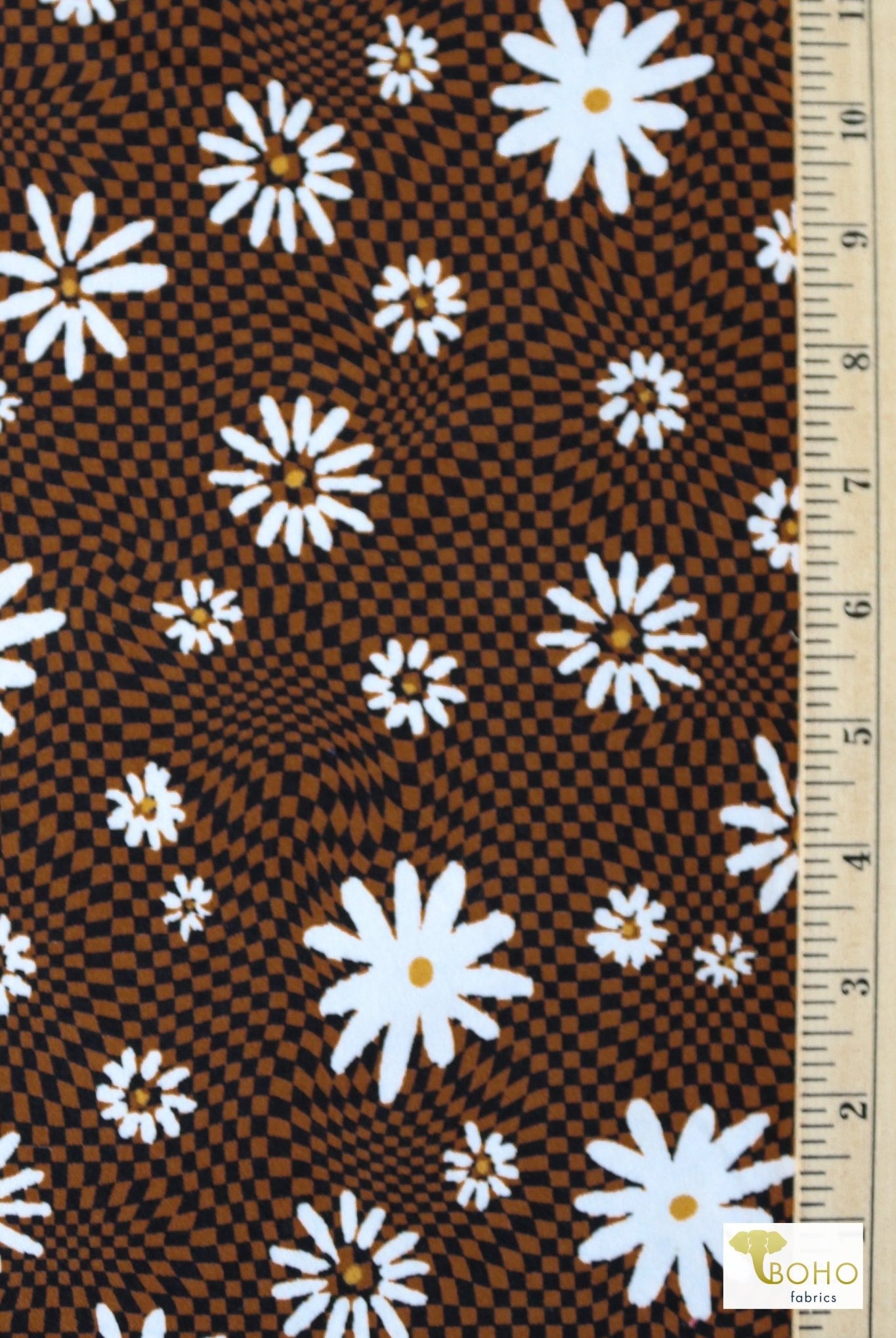 Psychedelic Florals on Copper, Brushed Poly Print. - Boho Fabrics