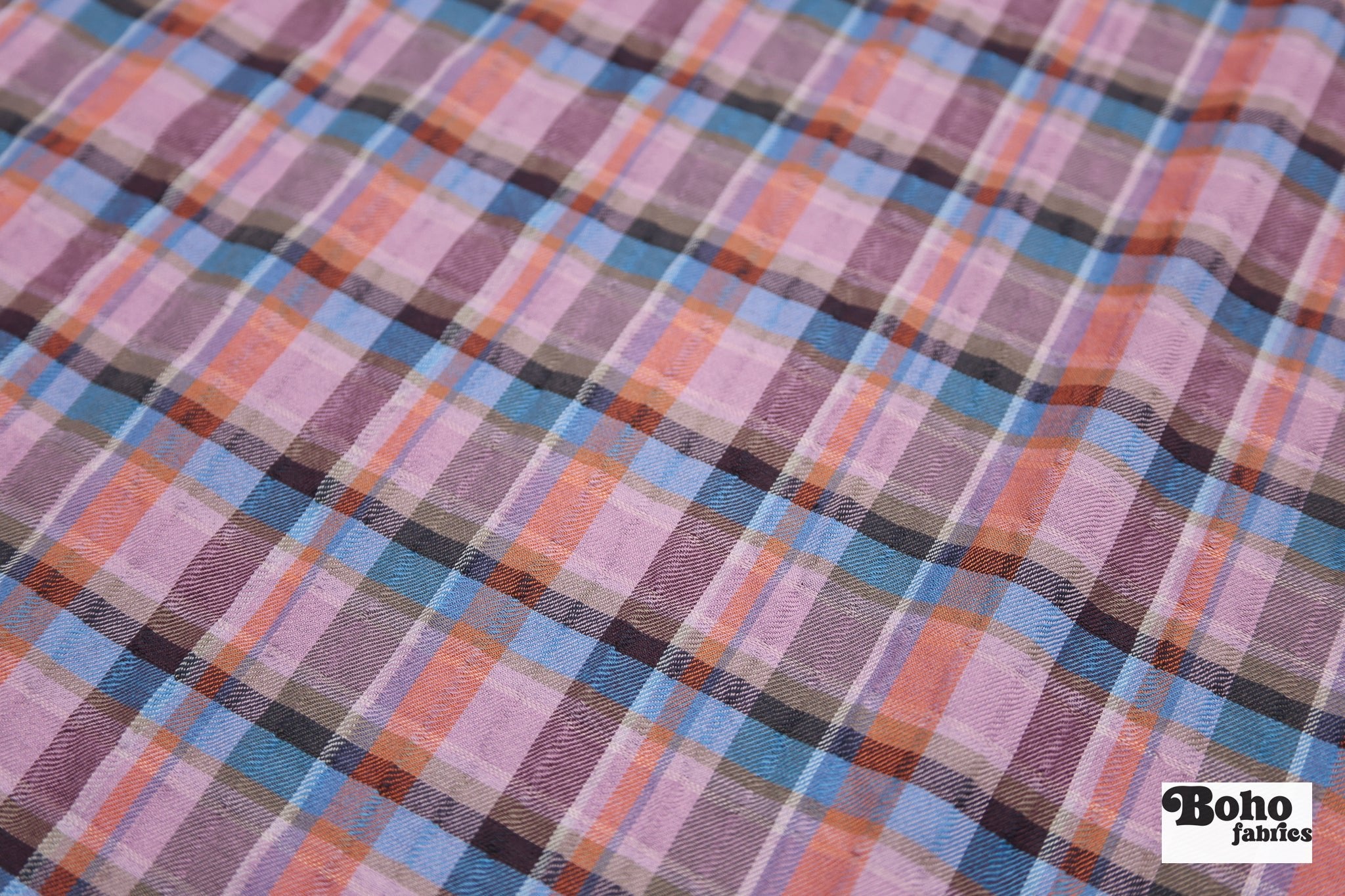 Purple, Blue & Orange Plaid Woven Fabric - Boho Fabrics - Woven Fabric