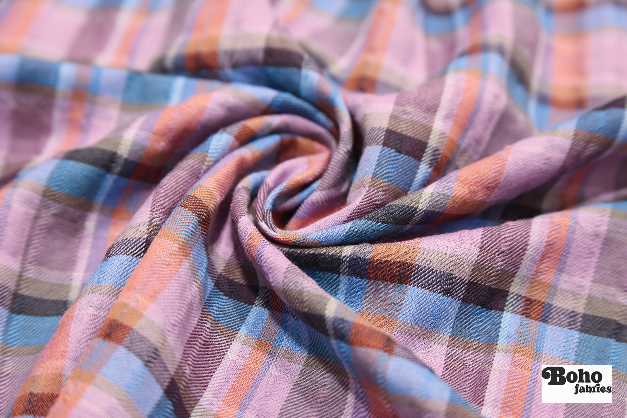Purple, Blue & Orange Plaid Woven Fabric - Boho Fabrics - Woven Fabric