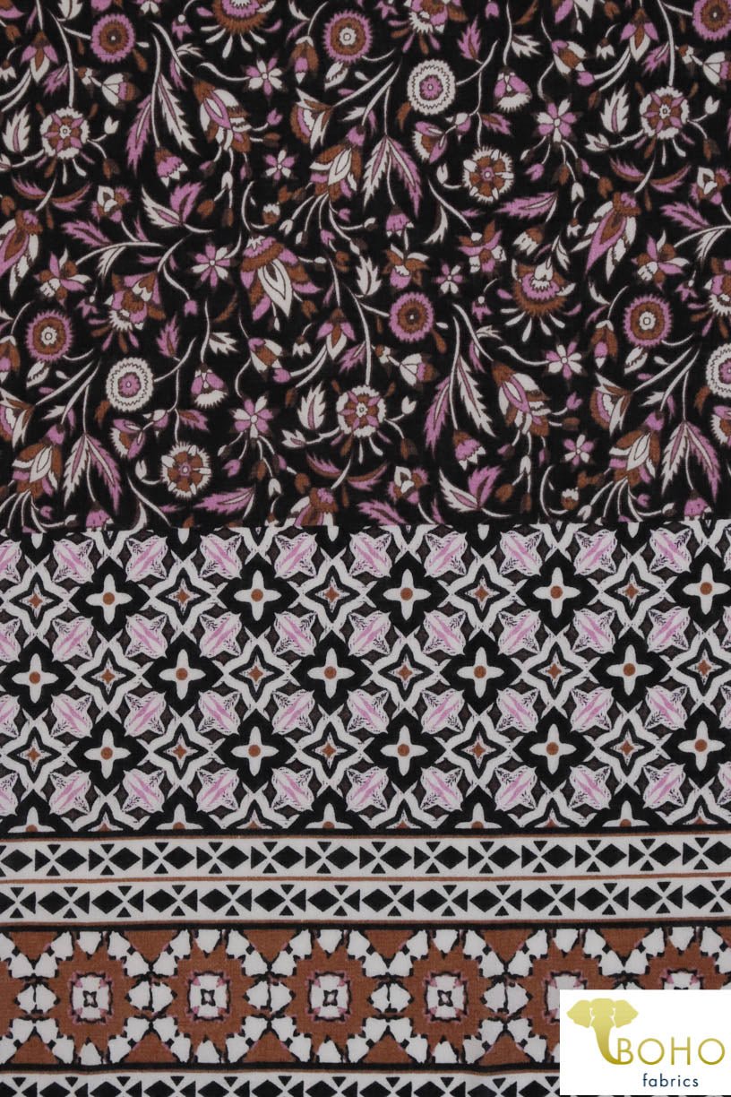 Purple Floral Folk Vines Panel. With Lilac, Black & Rust. Cotton Woven Fabric. WV-130 - Boho Fabrics