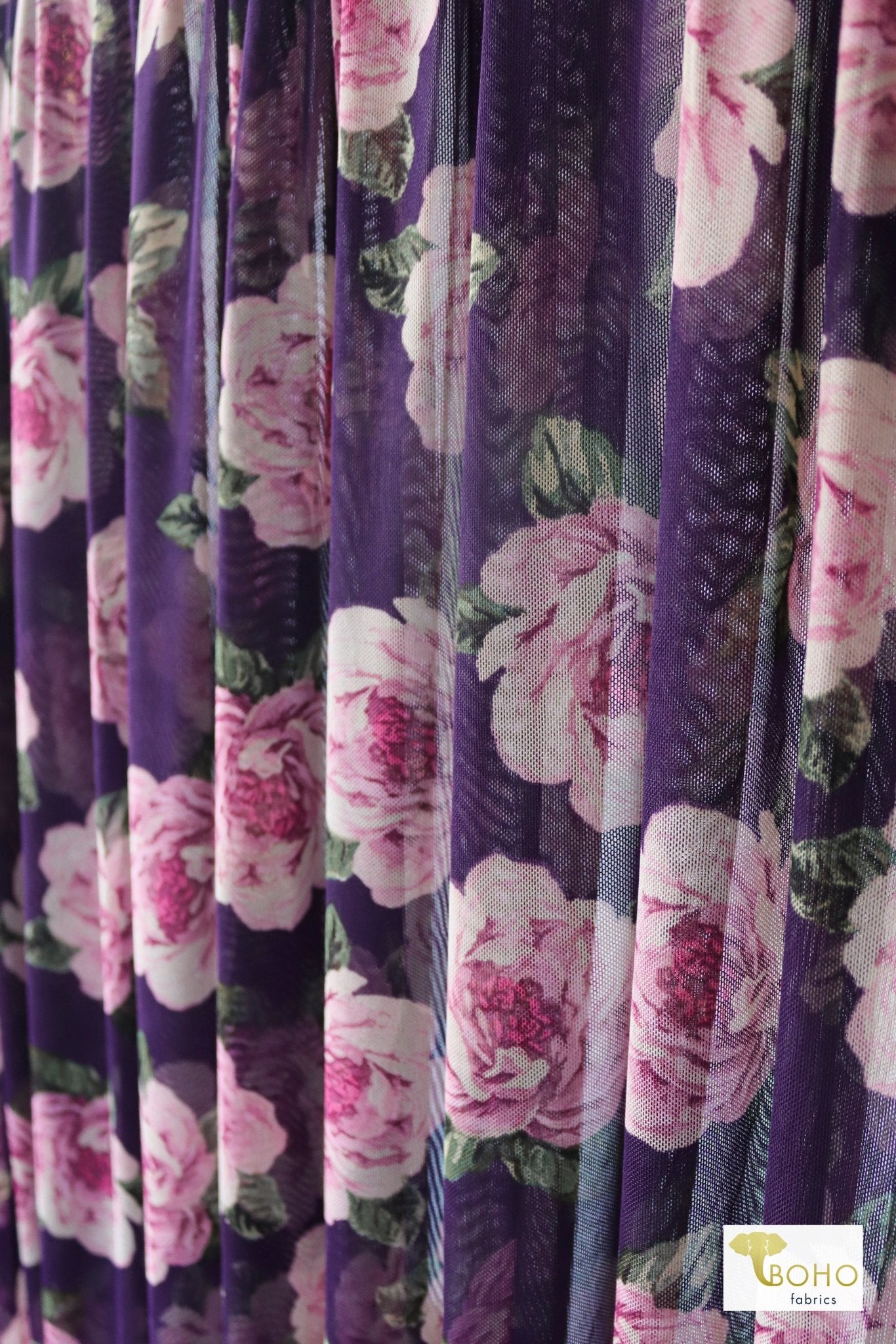Purple Florals, Stretch Mesh Printed Fabric. - Boho Fabrics