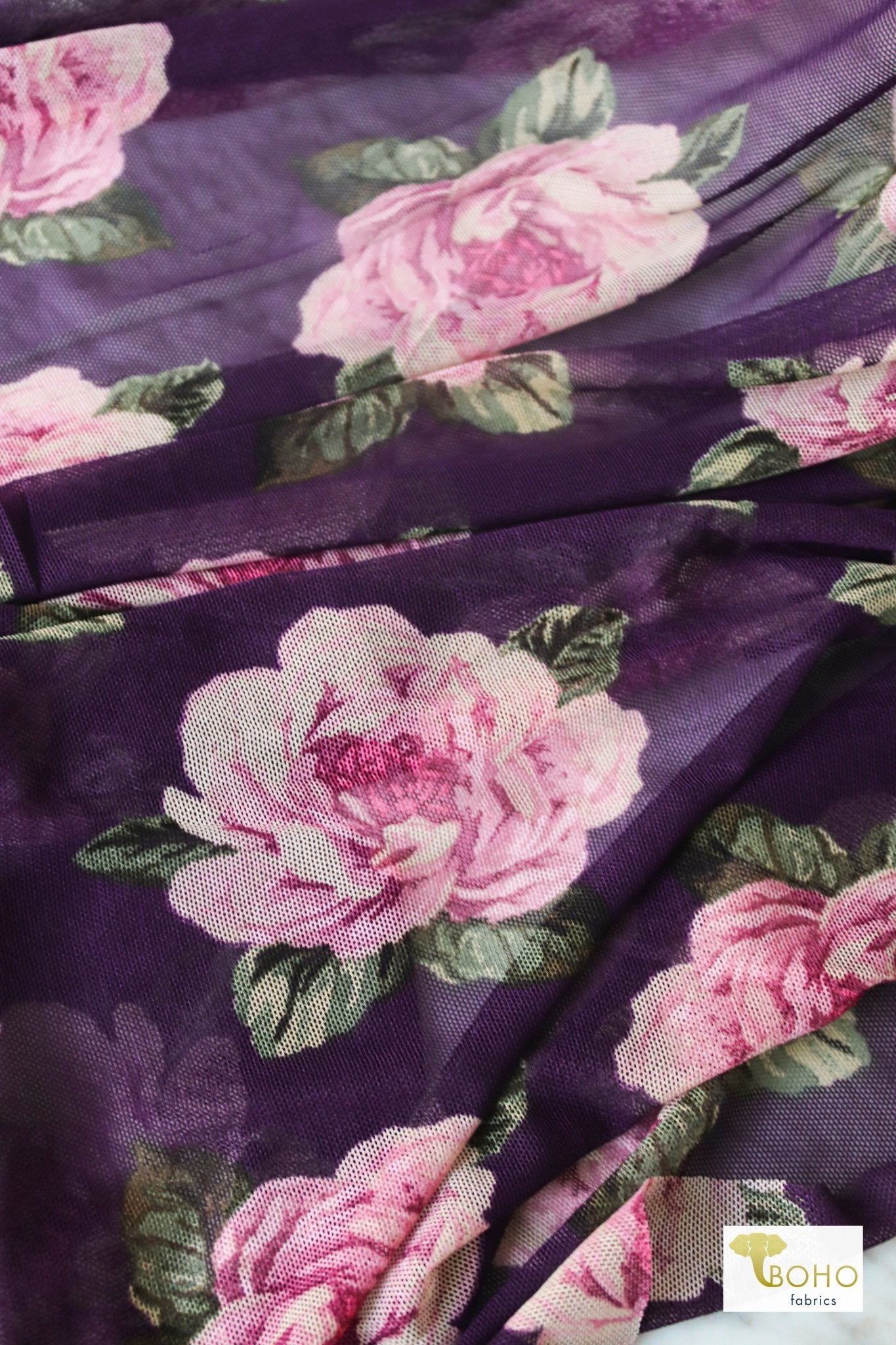 Purple Florals, Stretch Mesh Printed Fabric. - Boho Fabrics