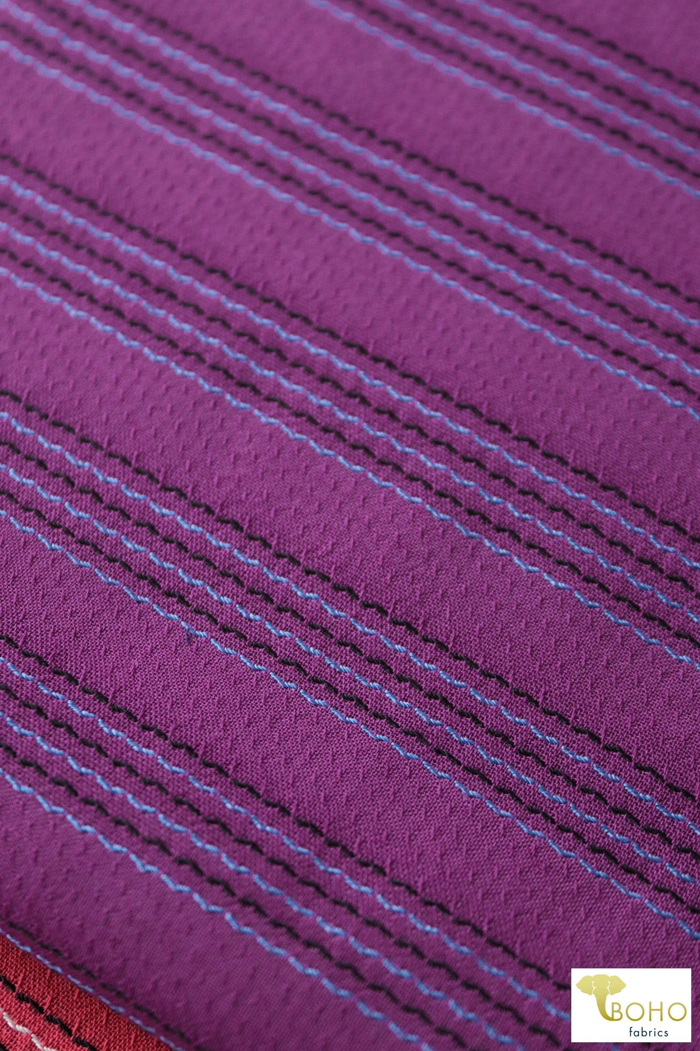 Purple Pacific Coast Highway Stripes. Embroidered Stripes on Purple Woven Fabric. WVS-308-PURP - Boho Fabrics