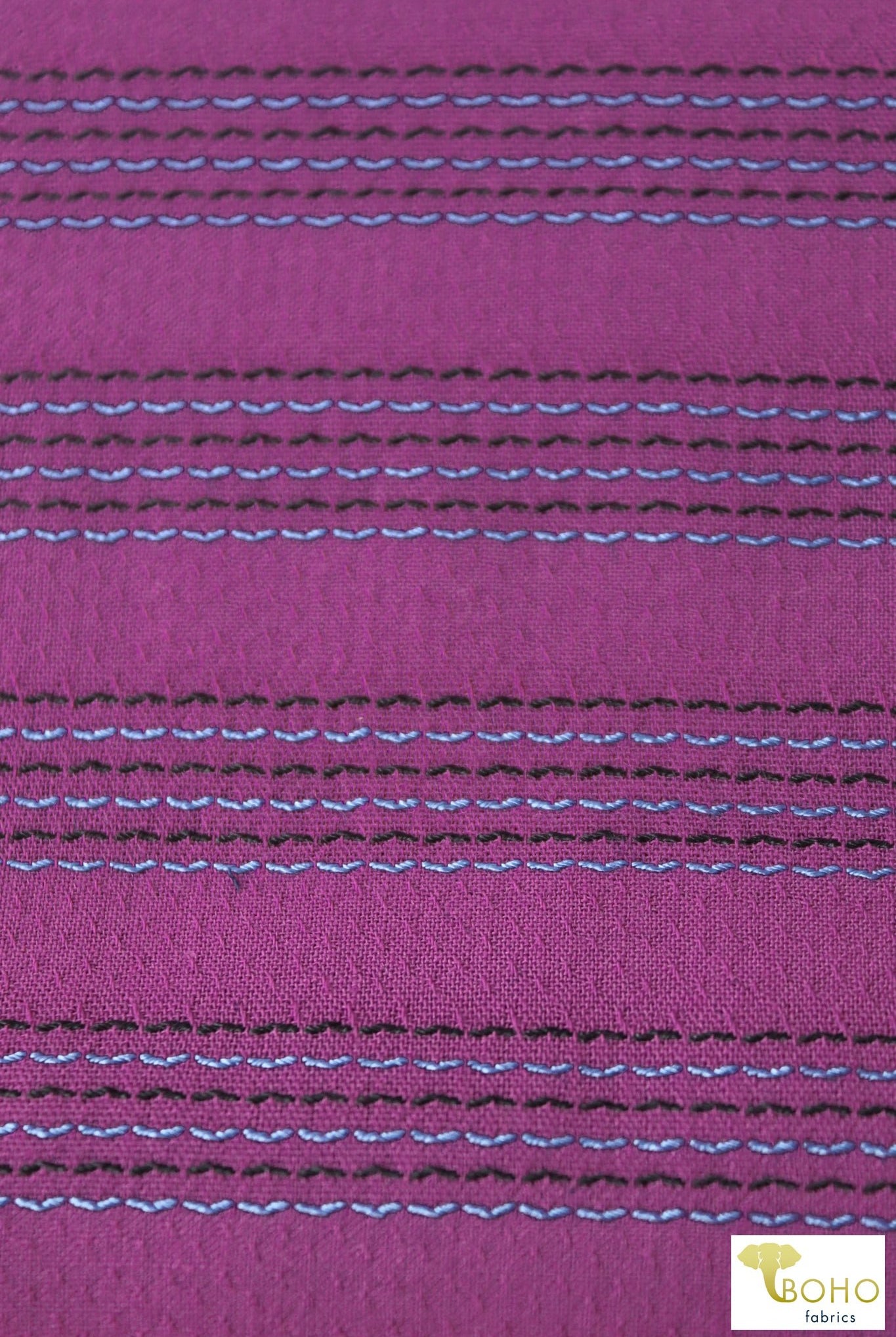 Purple Pacific Coast Highway Stripes. Embroidered Stripes on Purple Woven Fabric. WVS-308-PURP - Boho Fabrics
