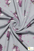 Purple Unicorns on Gray, French Terry Knit Print FTP-325-GRY - Boho Fabrics