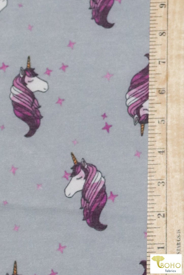 Purple Unicorns on Gray, French Terry Knit Print FTP-325-GRY - Boho Fabrics