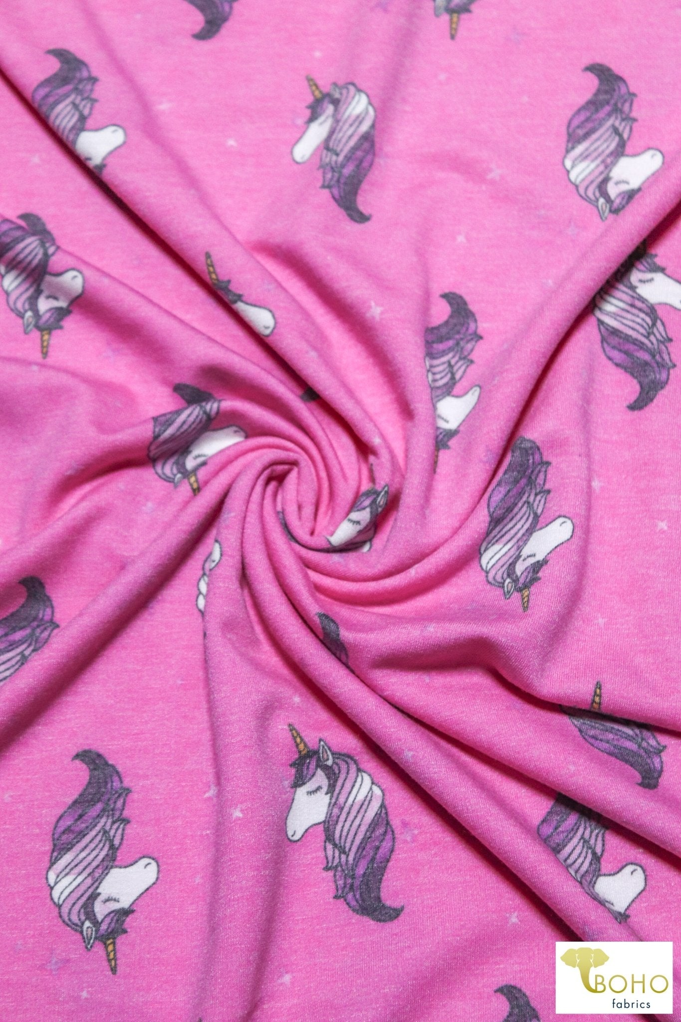 Purple Unicorns on Pink, French Terry Knit Print FTP-325-PNK - Boho Fabrics