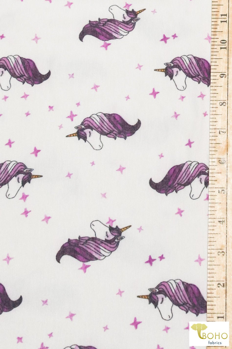 Purple Unicorns on White, French Terry Knit Print FTP-325-WHT - Boho Fabrics