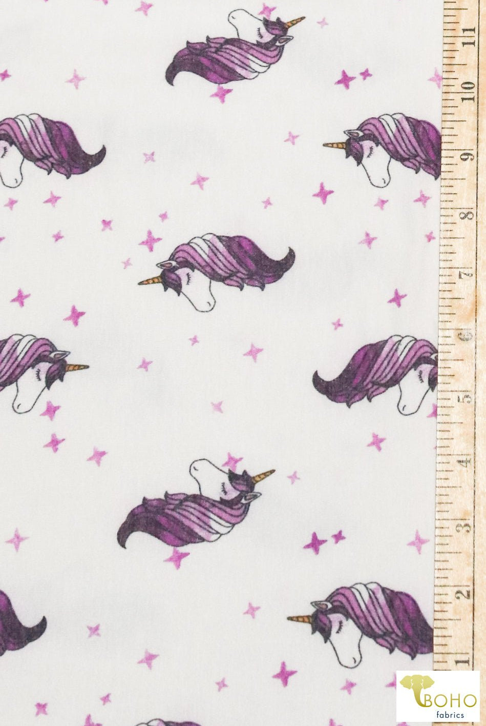 Purple Unicorns on White, French Terry Knit Print FTP-325-WHT - Boho Fabrics