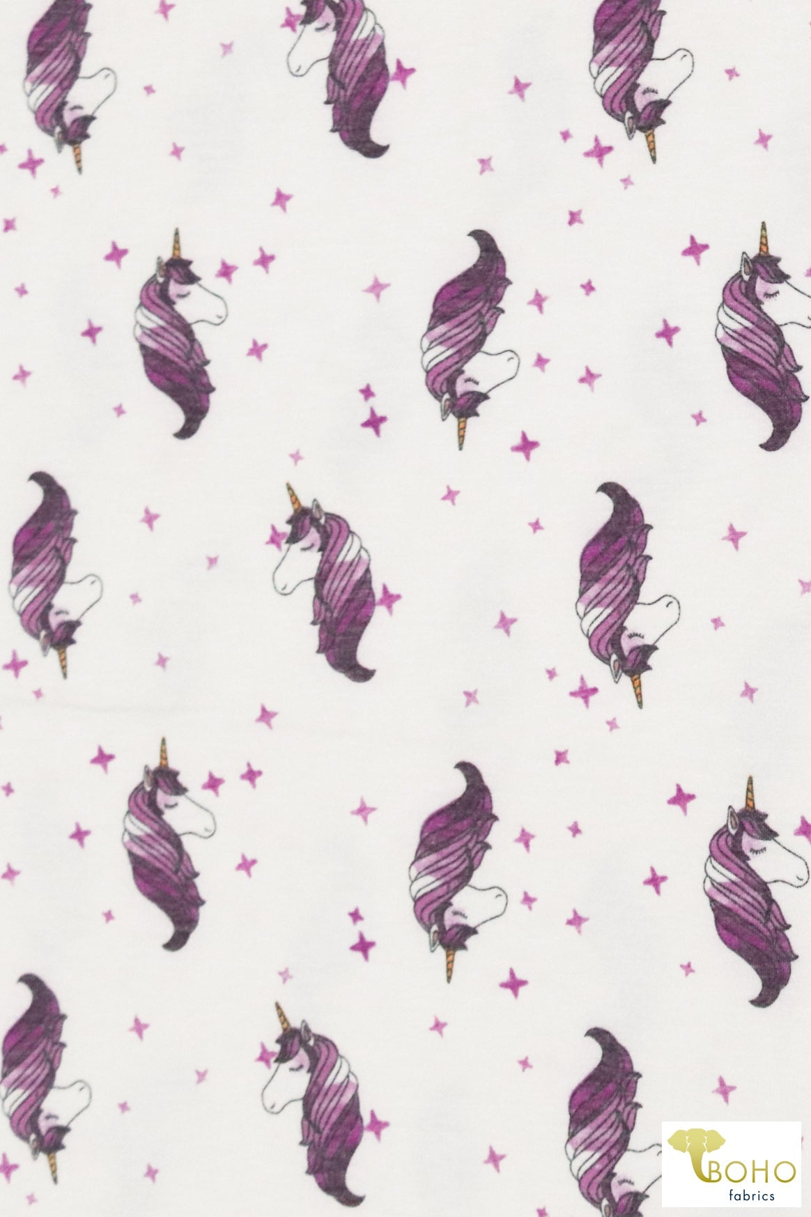 Purple Unicorns on White, French Terry Knit Print FTP-325-WHT - Boho Fabrics