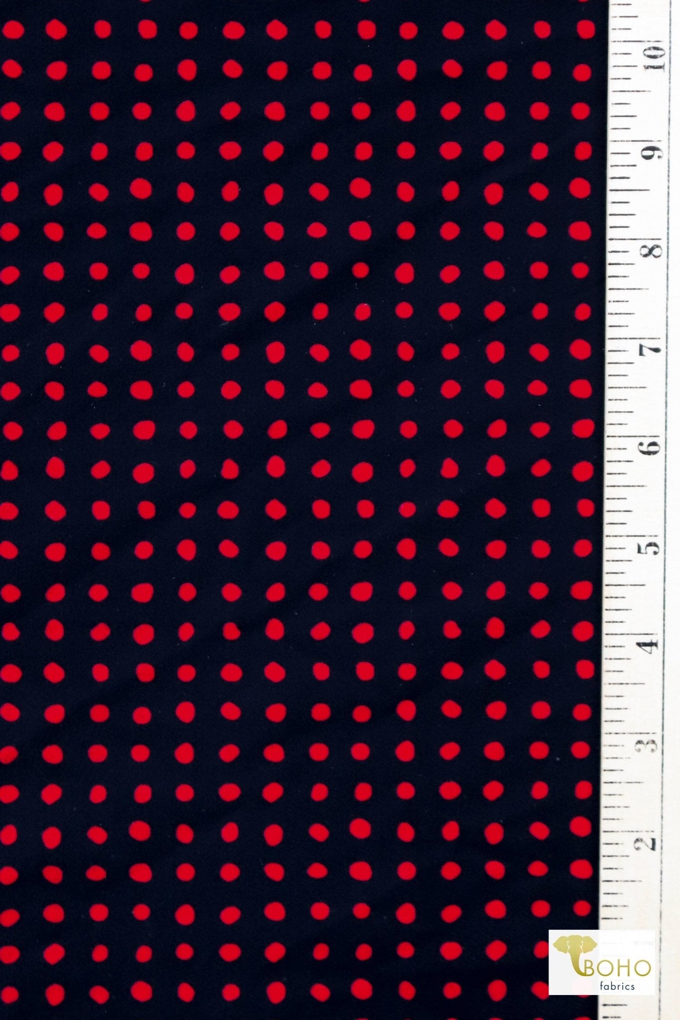 Red & Black Mod Polka Dots, Printed Swim Knit Fabric. - Boho Fabrics