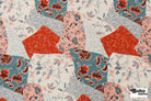 Red, Blue, and Peach Botanical Patchwork Rayon Crepe Woven Fabric - Boho Fabrics - Crepe, Woven