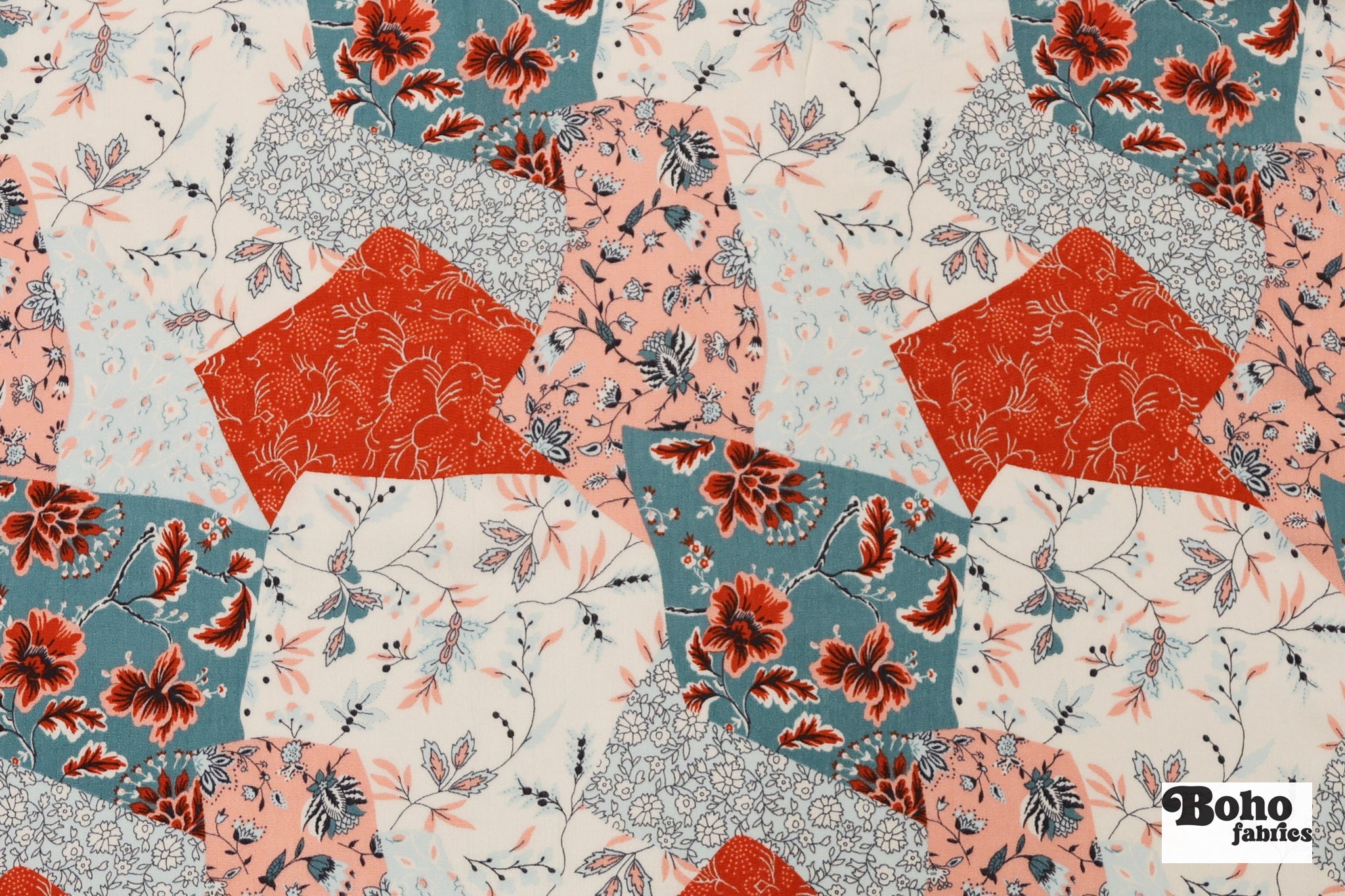 Red, Blue, and Peach Botanical Patchwork Rayon Crepe Woven Fabric - Boho Fabrics - Crepe, Woven
