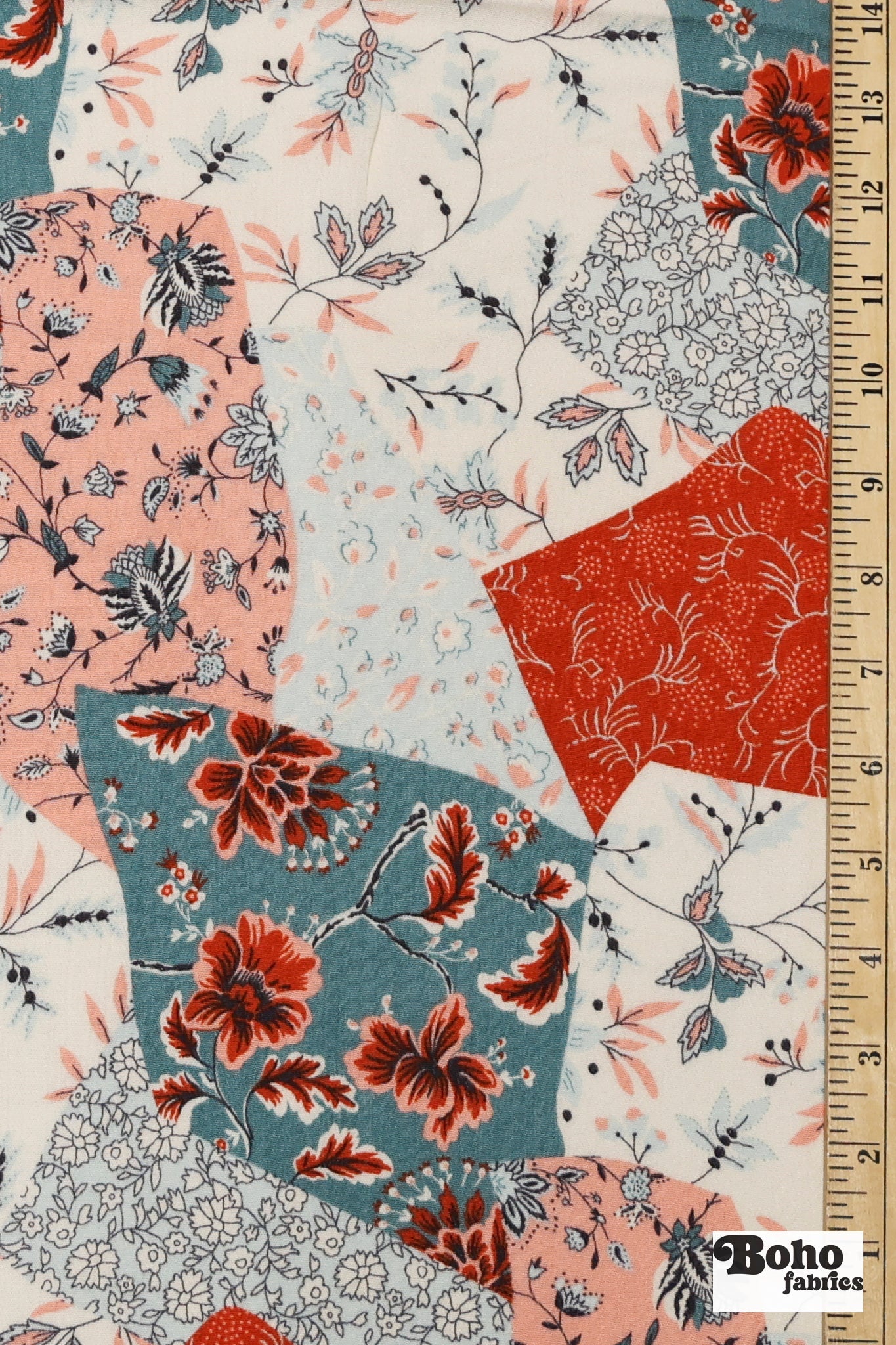 Red, Blue, and Peach Botanical Patchwork Rayon Crepe Woven Fabric - Boho Fabrics - Crepe, Woven