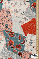 Red, Blue, and Peach Botanical Patchwork Rayon Crepe Woven Fabric - Boho Fabrics - Crepe, Woven