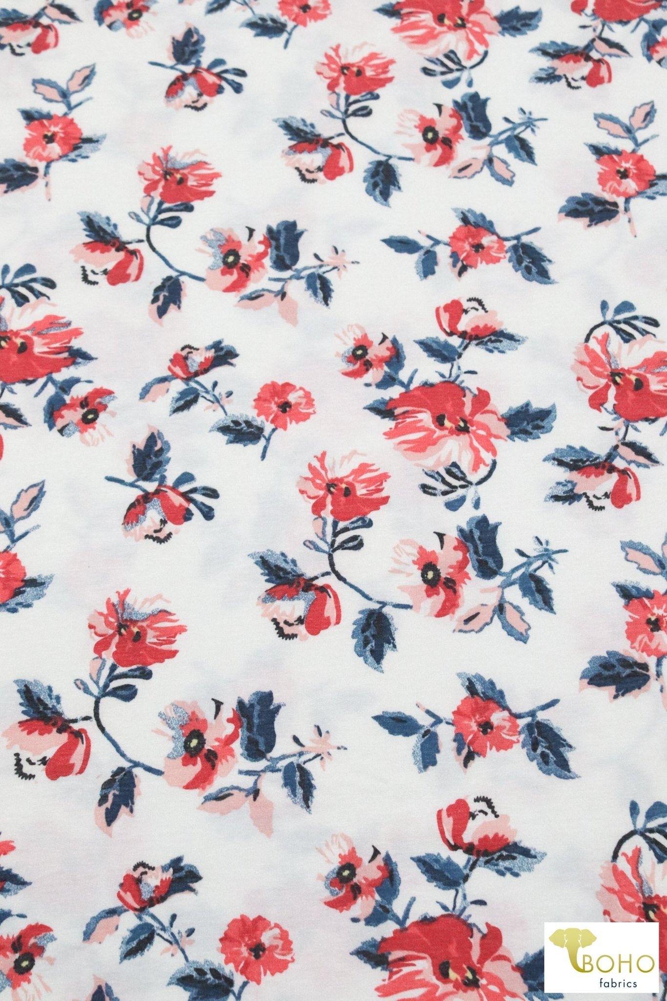 Red Cosmos on White, French Terry Knit Print. FTP-330-PURP - Boho Fabrics