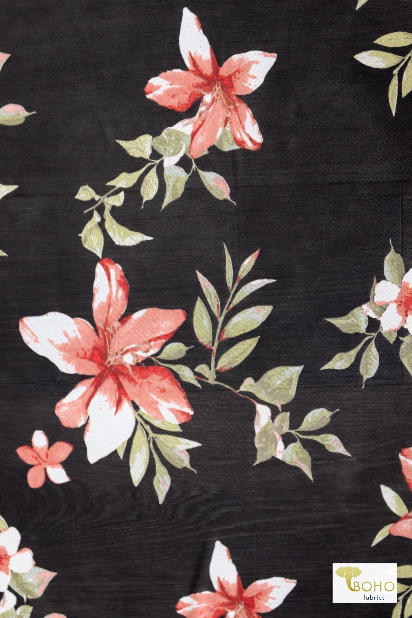 Red Gardenia on Black, Stretch Mesh Print - Boho Fabrics