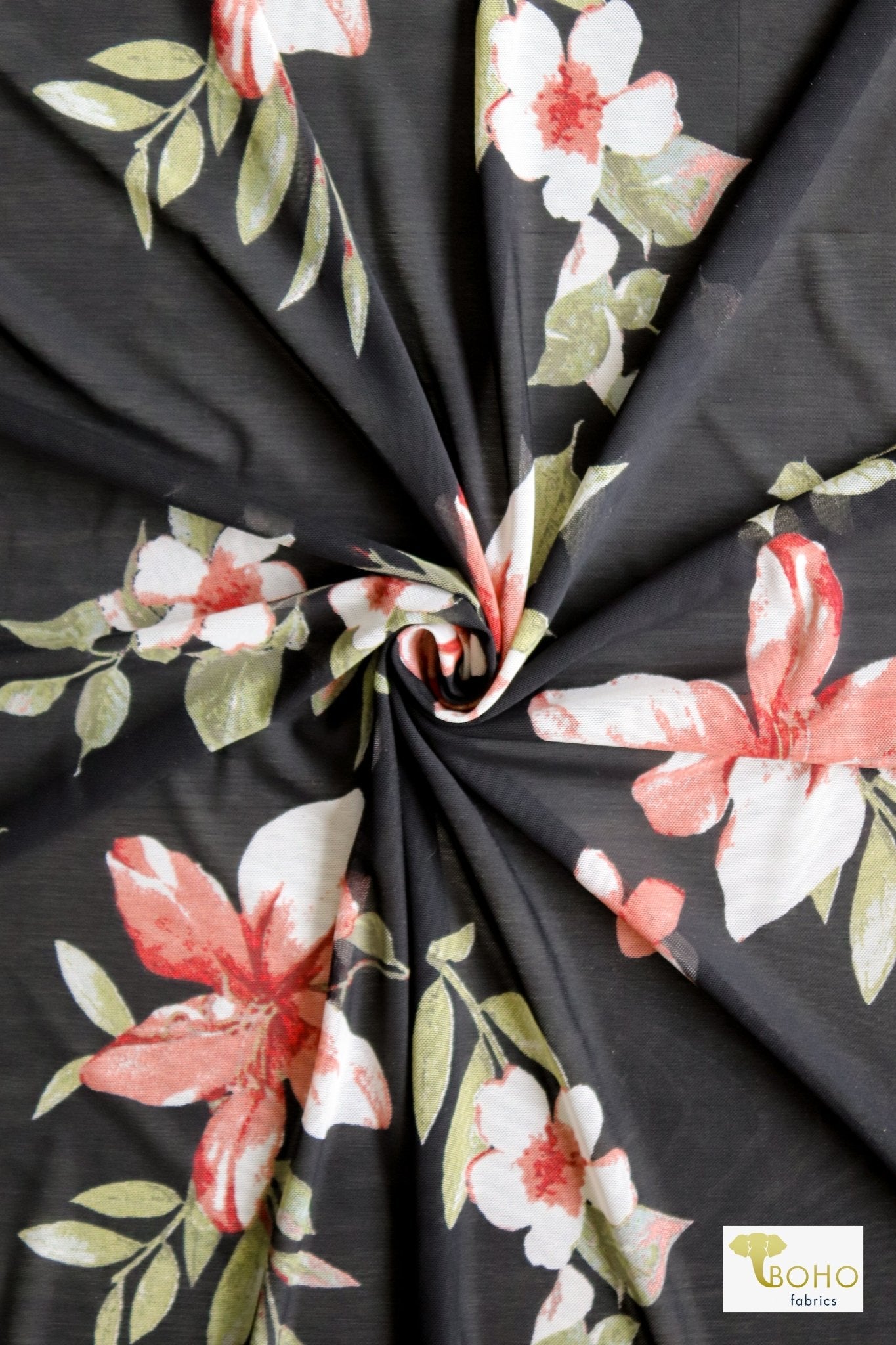 Red Gardenia on Black, Stretch Mesh Print - Boho Fabrics