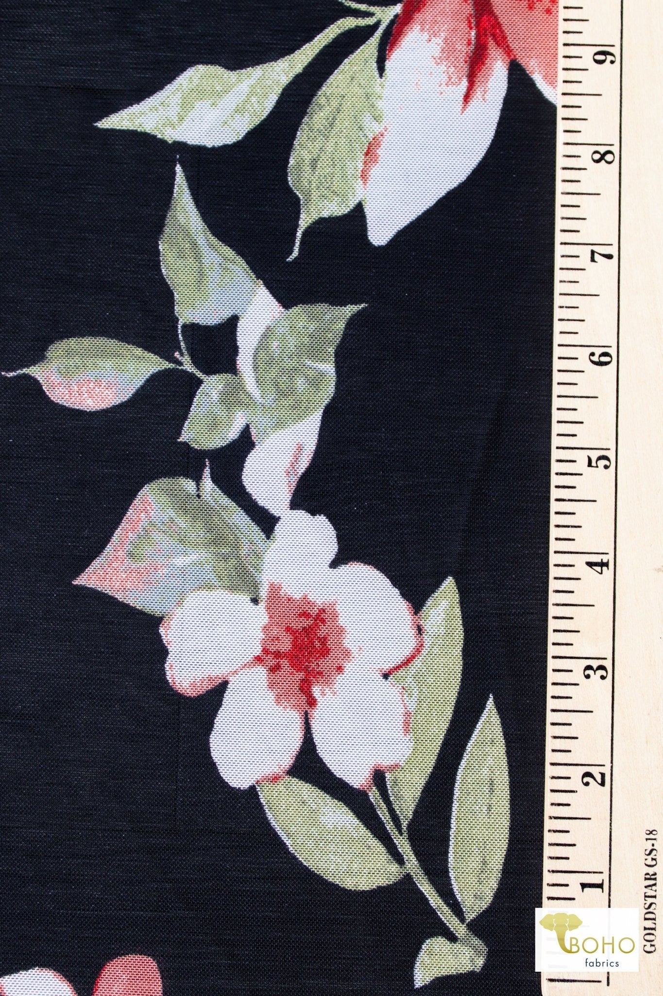 Red Gardenia on Black, Stretch Mesh Print - Boho Fabrics