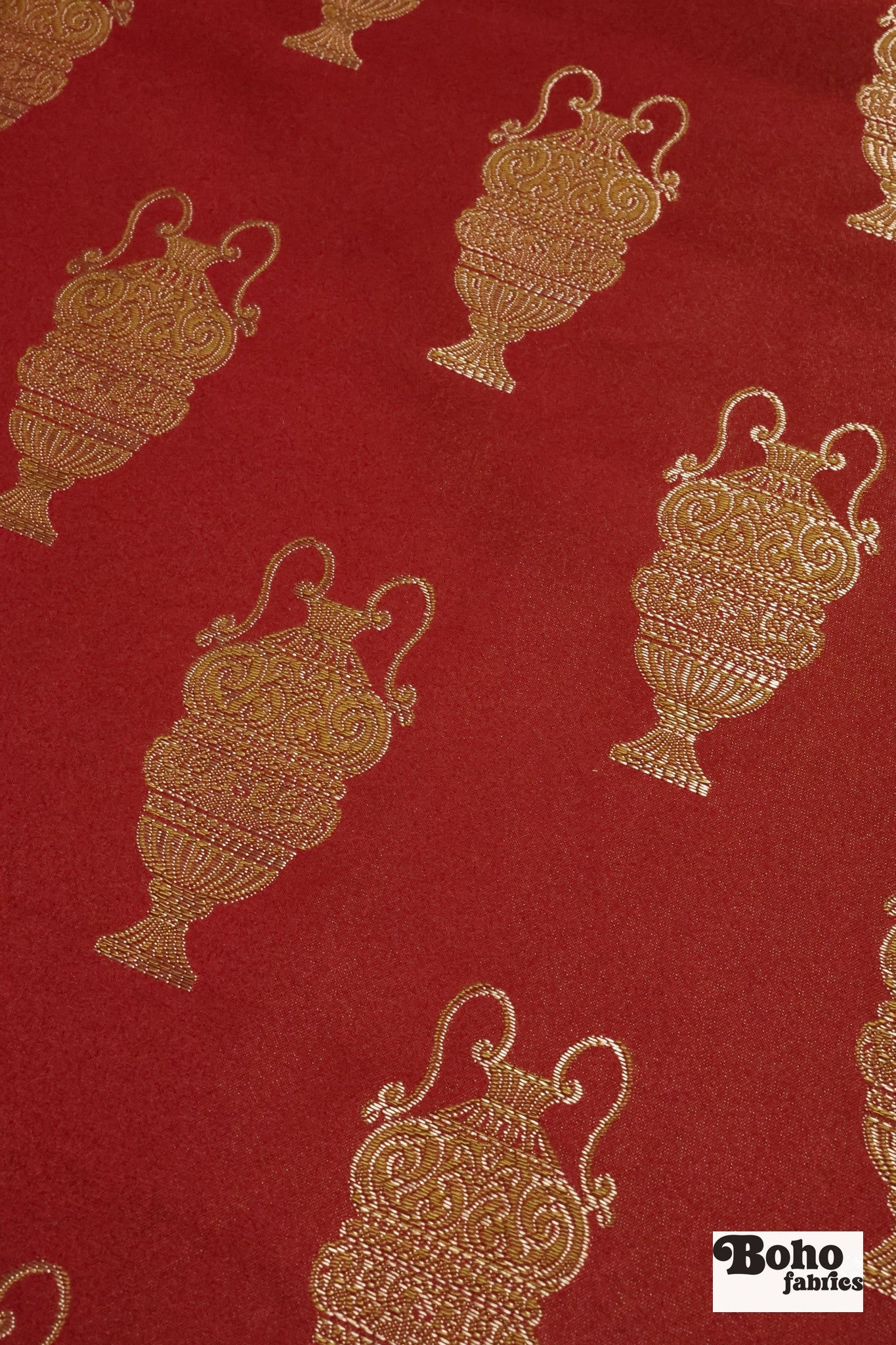 Red & Gold Antique Vase Jacquard Woven Fabric - Boho Fabrics - Jacquard, Woven