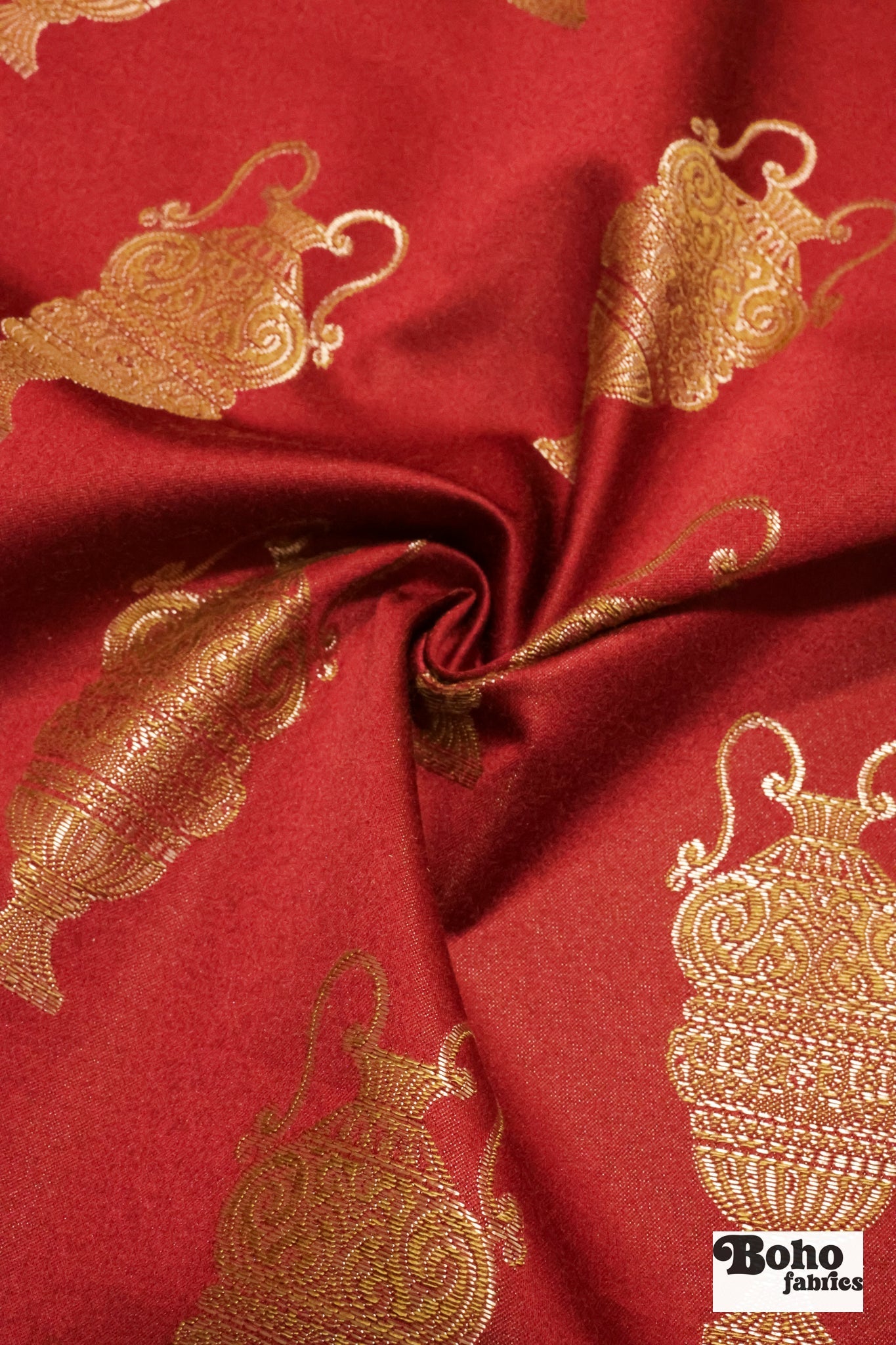 Red & Gold Antique Vase Jacquard Woven Fabric - Boho Fabrics - Jacquard, Woven