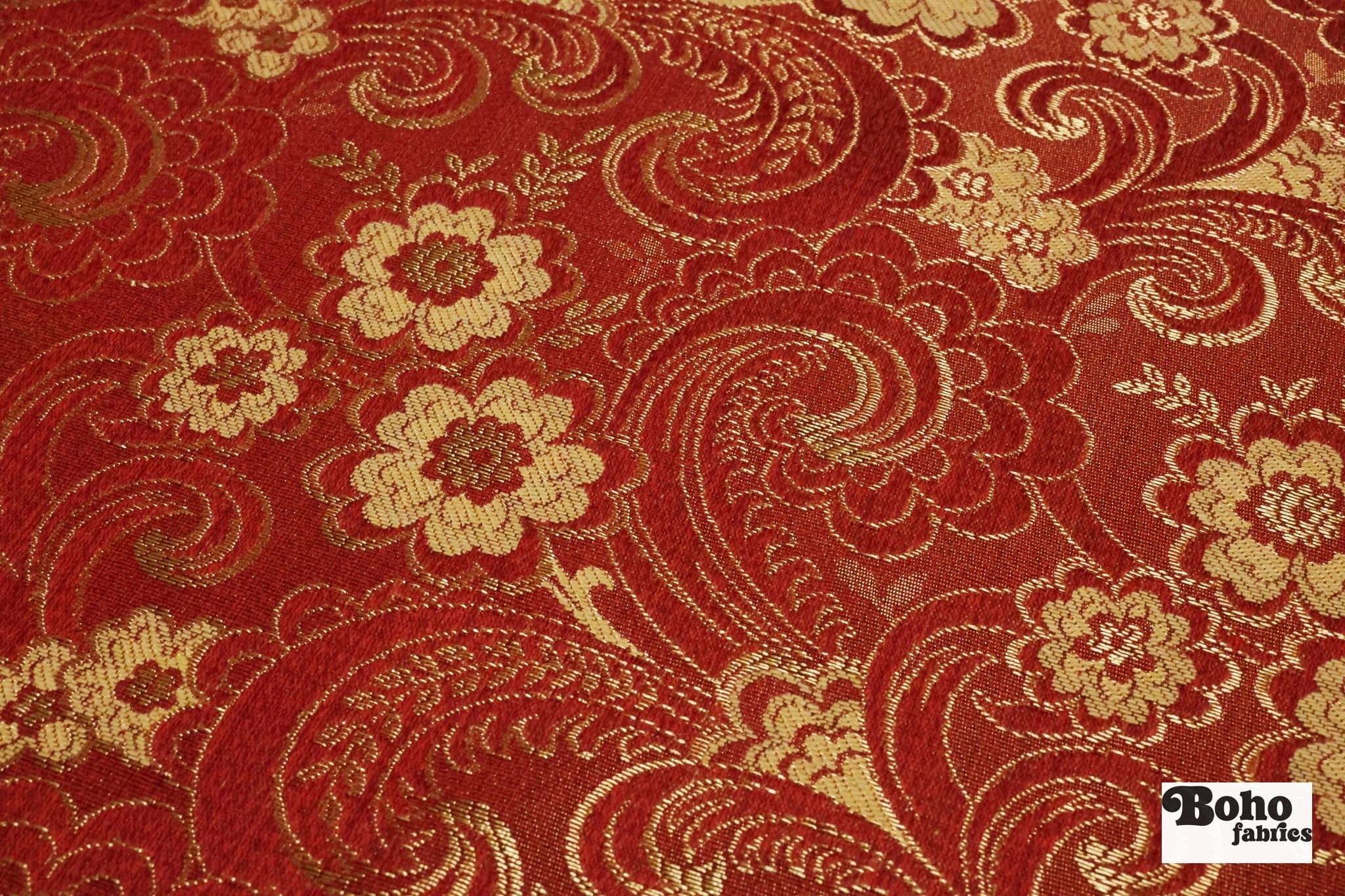 Red & Gold Floral Paisley Jacquard Woven Fabric - Boho Fabrics - Jacquard, Woven