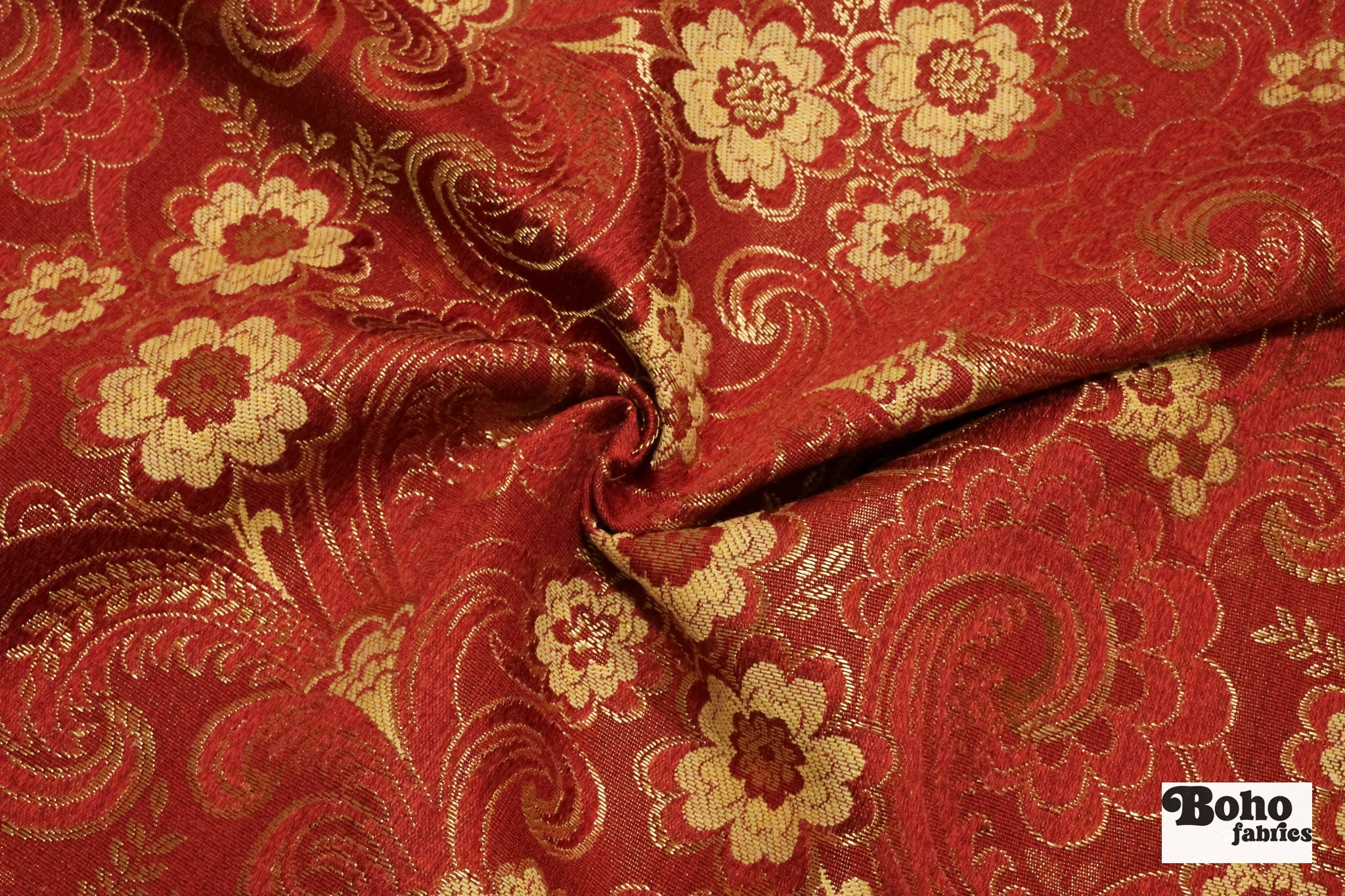 Red & Gold Floral Paisley Jacquard Woven Fabric - Boho Fabrics - Jacquard, Woven