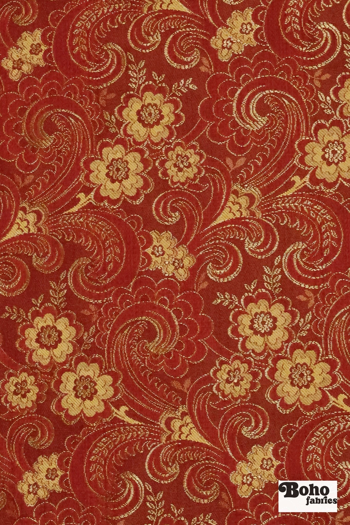 Red & Gold Floral Paisley Jacquard Woven Fabric - Boho Fabrics - Jacquard, Woven