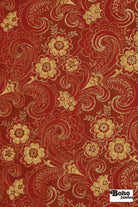 Red & Gold Floral Paisley Jacquard Woven Fabric - Boho Fabrics - Jacquard, Woven