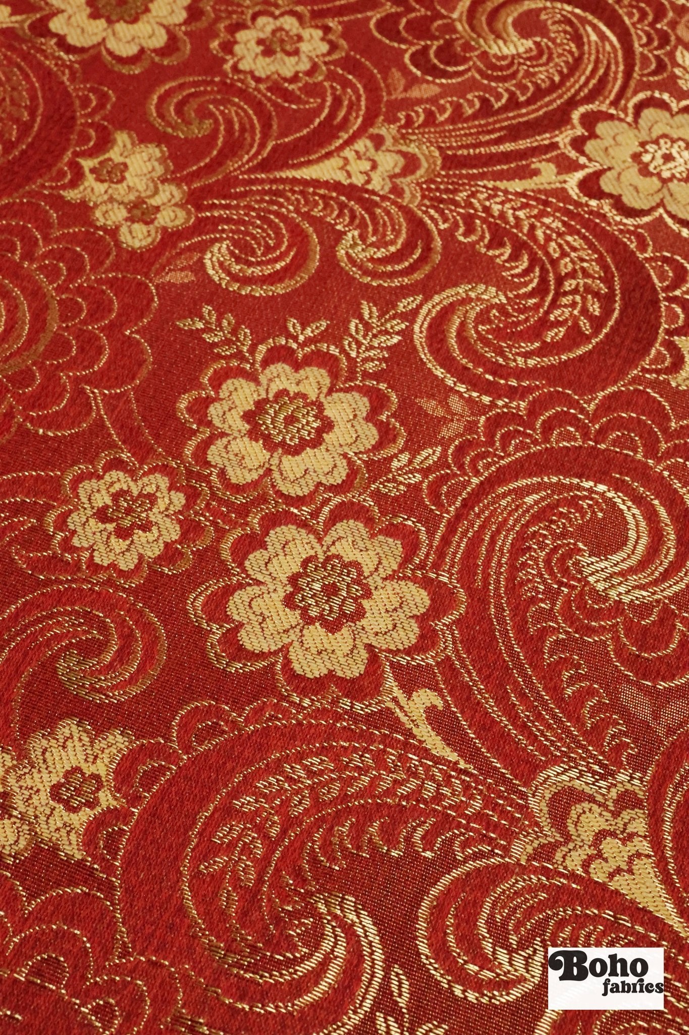Red & Gold Floral Paisley Jacquard Woven Fabric - Boho Fabrics - Jacquard, Woven