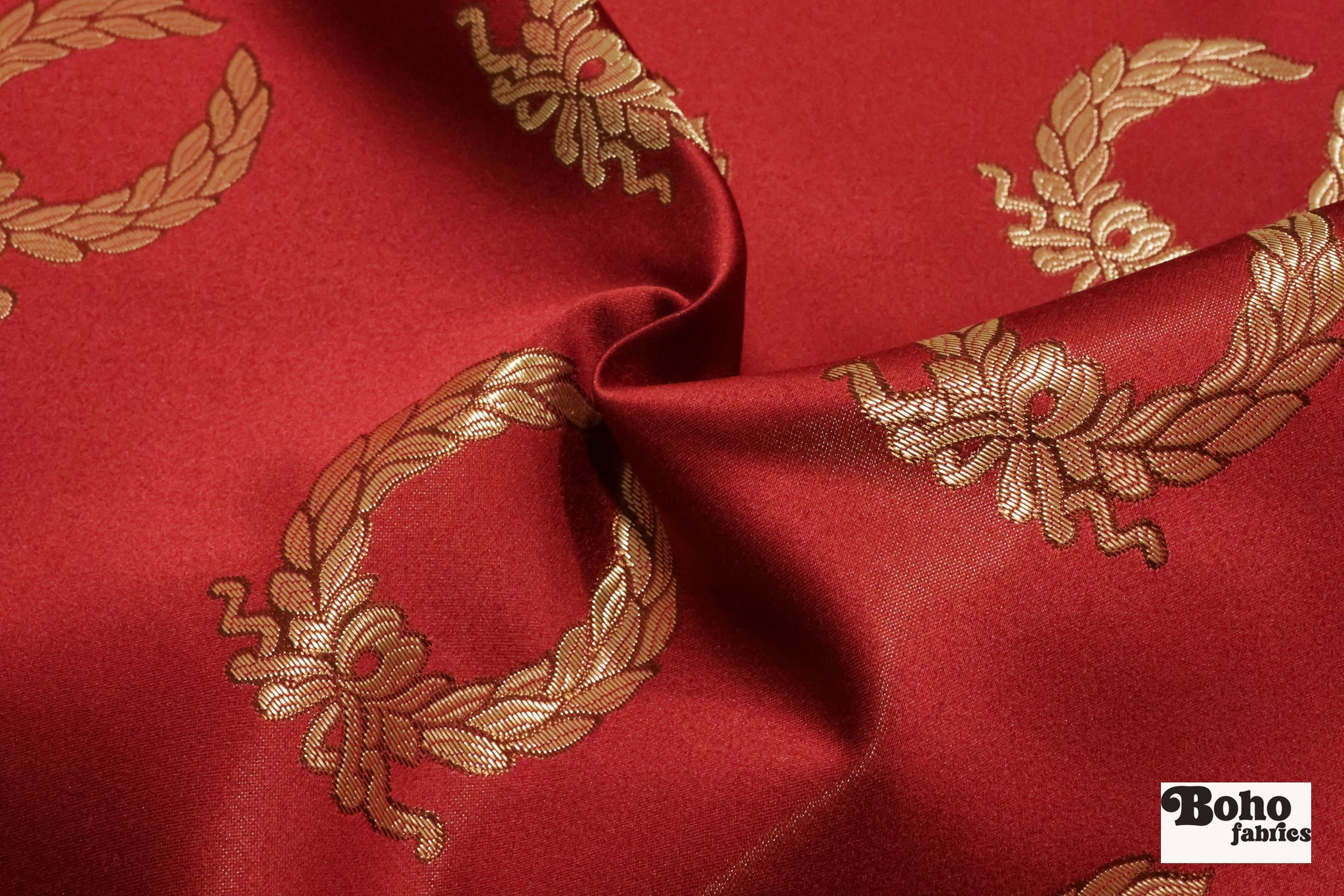 Red & Gold Laurel Wreaths Jacquard Woven Fabric - Boho Fabrics - Jacquard, Woven