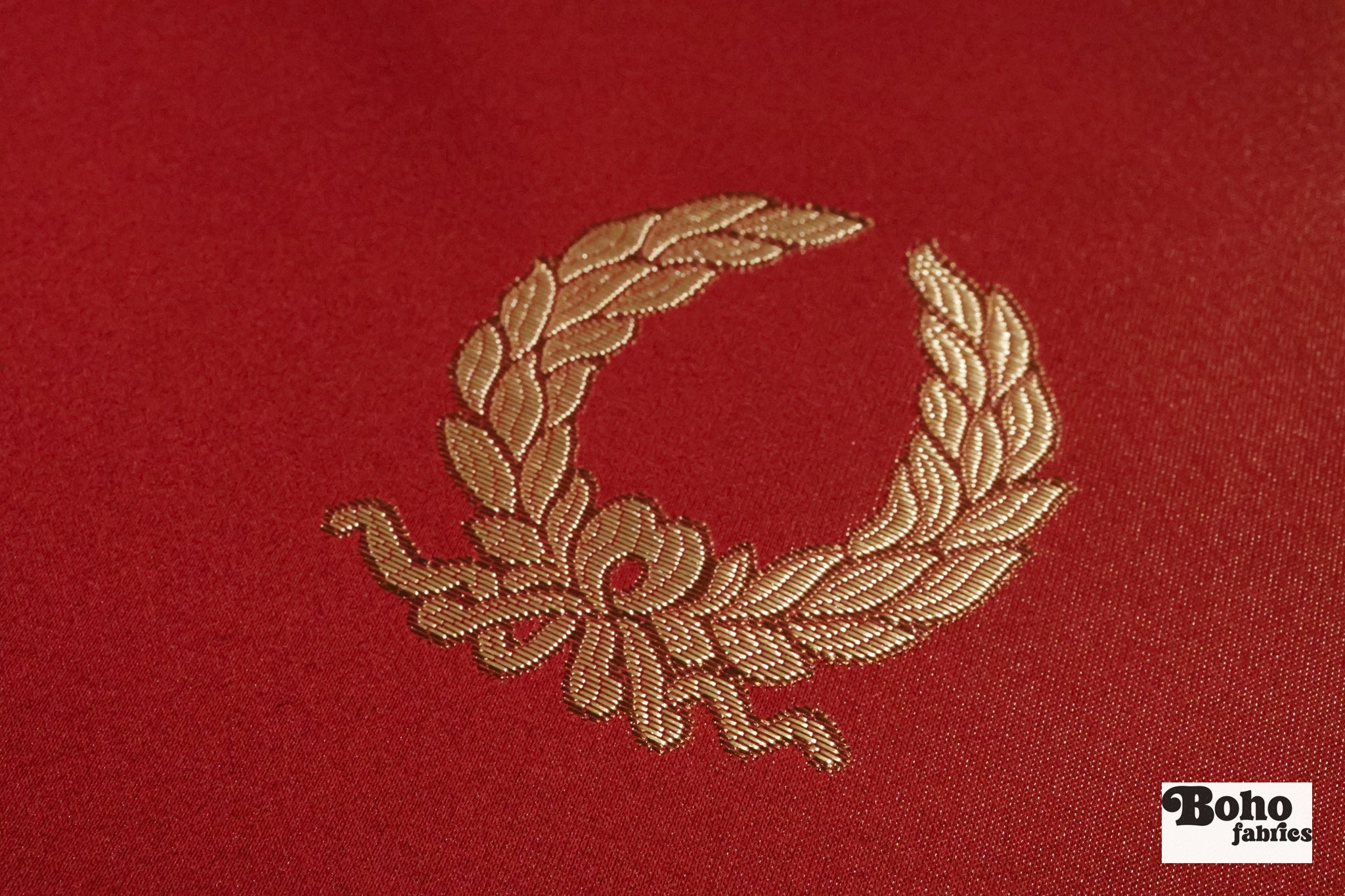Red & Gold Laurel Wreaths Jacquard Woven Fabric - Boho Fabrics - Jacquard, Woven