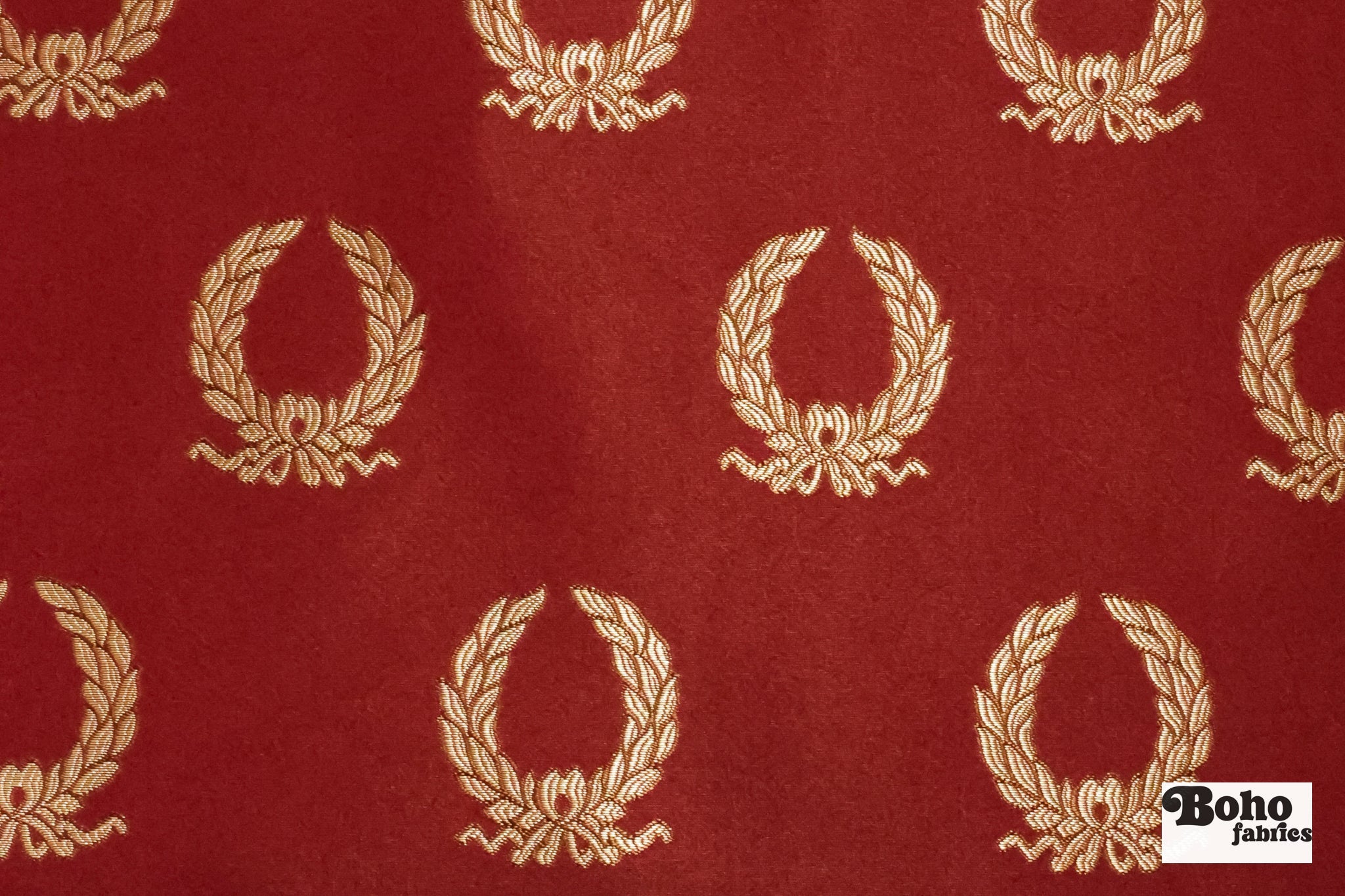Red & Gold Laurel Wreaths Jacquard Woven Fabric - Boho Fabrics - Jacquard, Woven