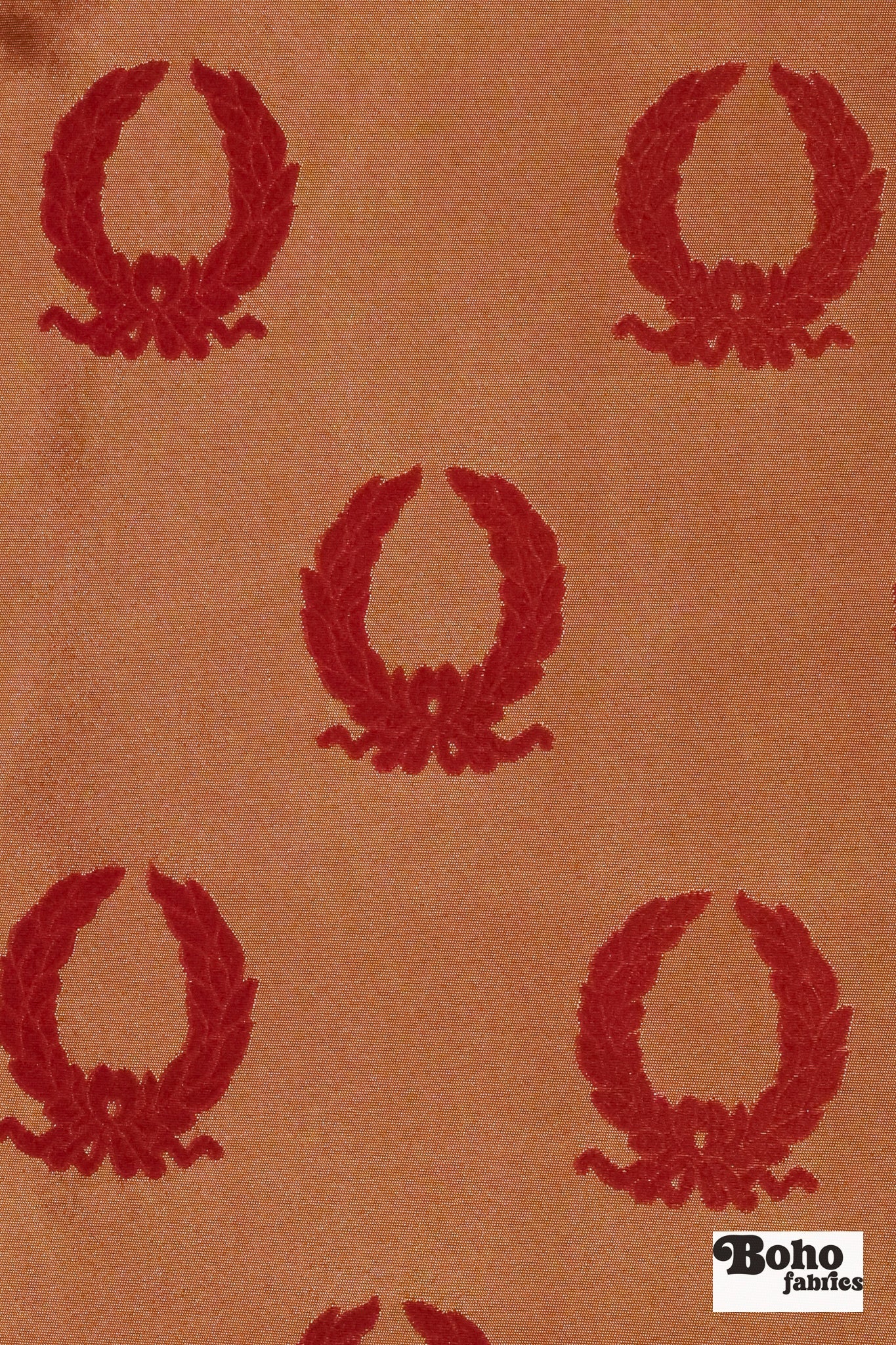 Red & Gold Laurel Wreaths Jacquard Woven Fabric - Boho Fabrics - Jacquard, Woven