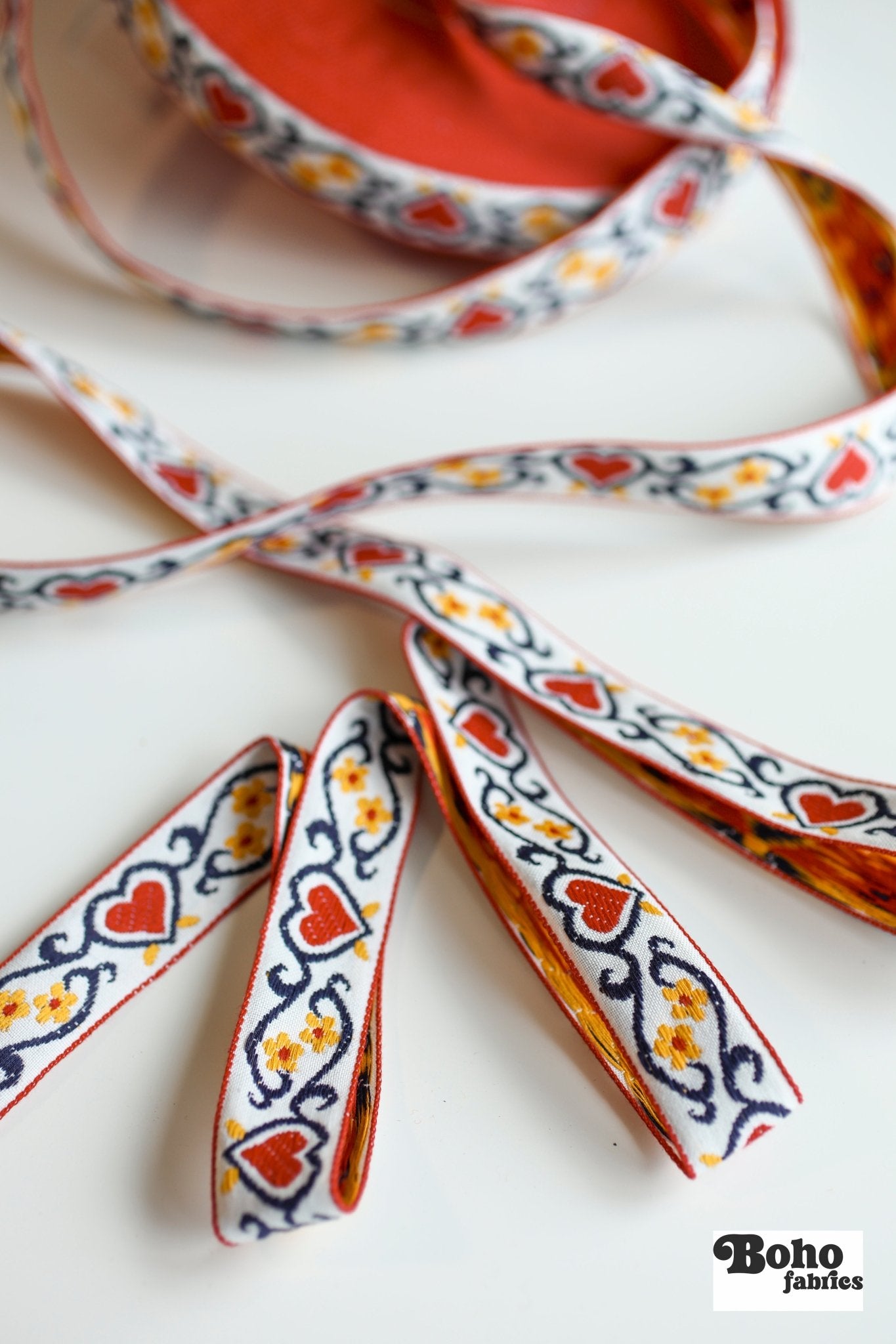 Red Hearts, 7/8" Jacquard Woven Trim.TRIM - 021 - Boho Fabrics - Trims