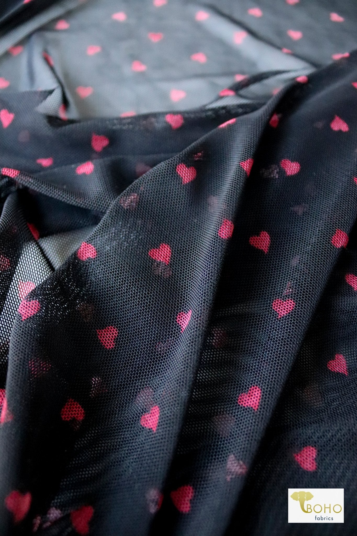 Red Hearts, Stretch Mesh Printed Fabric. - Boho Fabrics